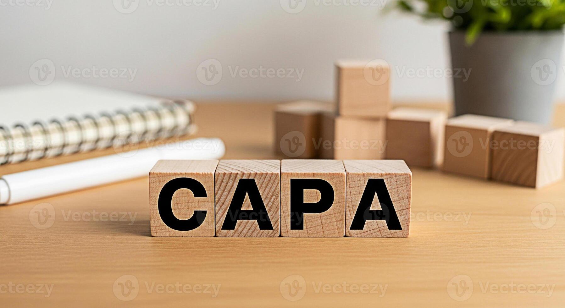 Wooden blocks spelling CAPA on a wooden desk representing corrective and preventive actions in a bright office setting conveying quality control and continuous improvement photo