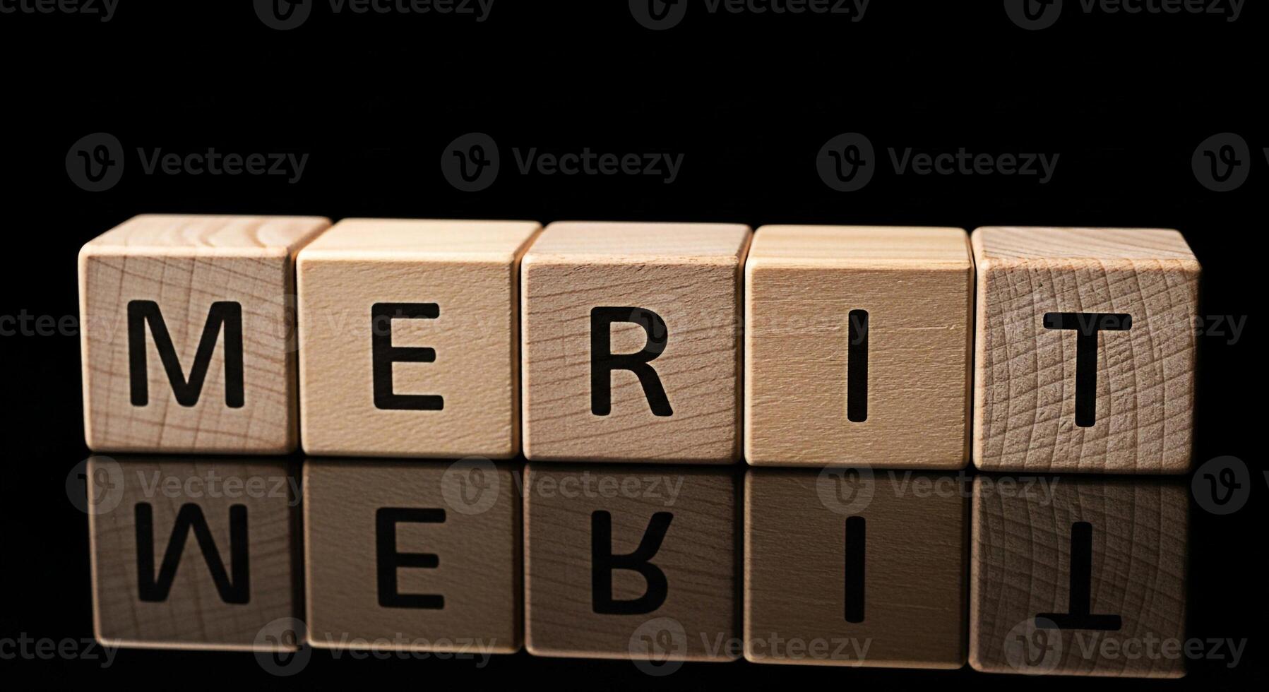 Wooden blocks spelling MERIT on a reflective black surface symbolizing achievement and success in a competitive environment highlighting the importance of skills and qualifications for career advancem photo