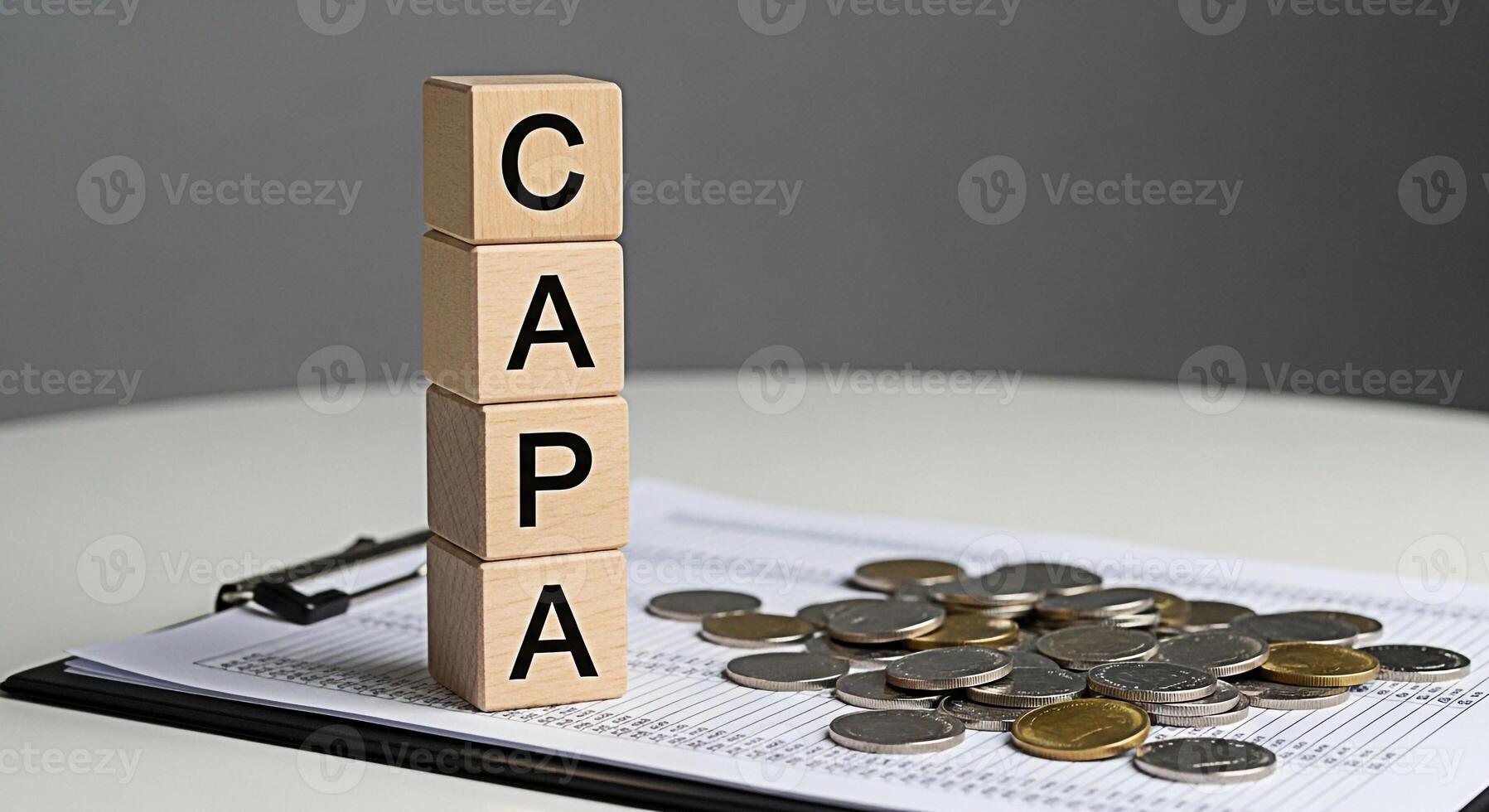 Wooden blocks spelling CAPA stacked on a financial report with scattered coins on a white table representing corrective and preventive actions for business growth and financial stability in a corporat photo