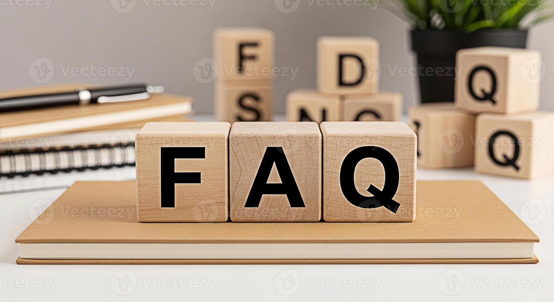 Wooden blocks spelling FAQ resting on a notebook in a bright office setting symbolizing accessible information and customer support creating a helpful and informative atmosphere for viewers photo