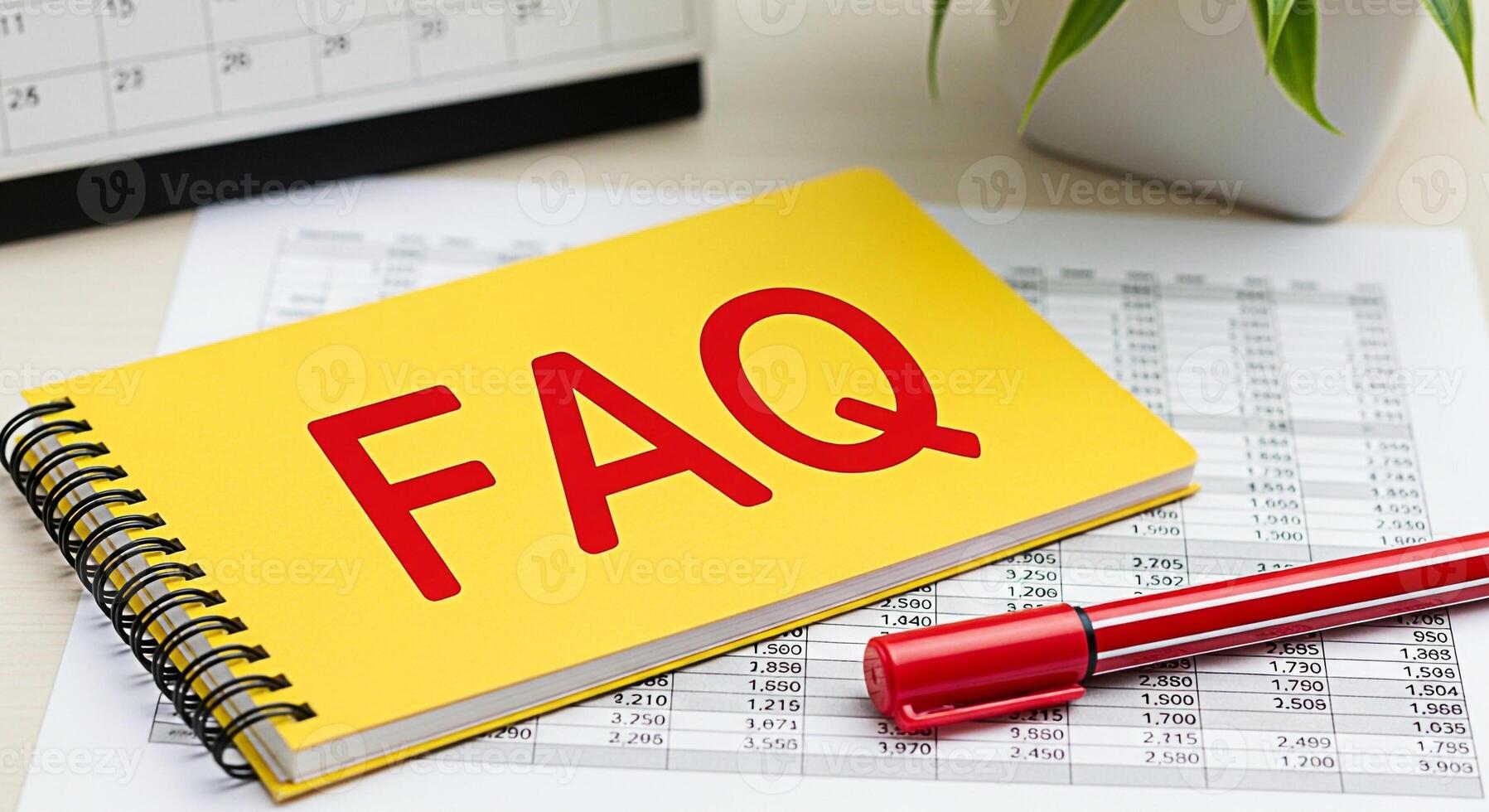 Bright yellow FAQ notebook resting on financial documents in a welllit office representing readily available information and customer support with a focus on clarity and accessibility for business sol photo