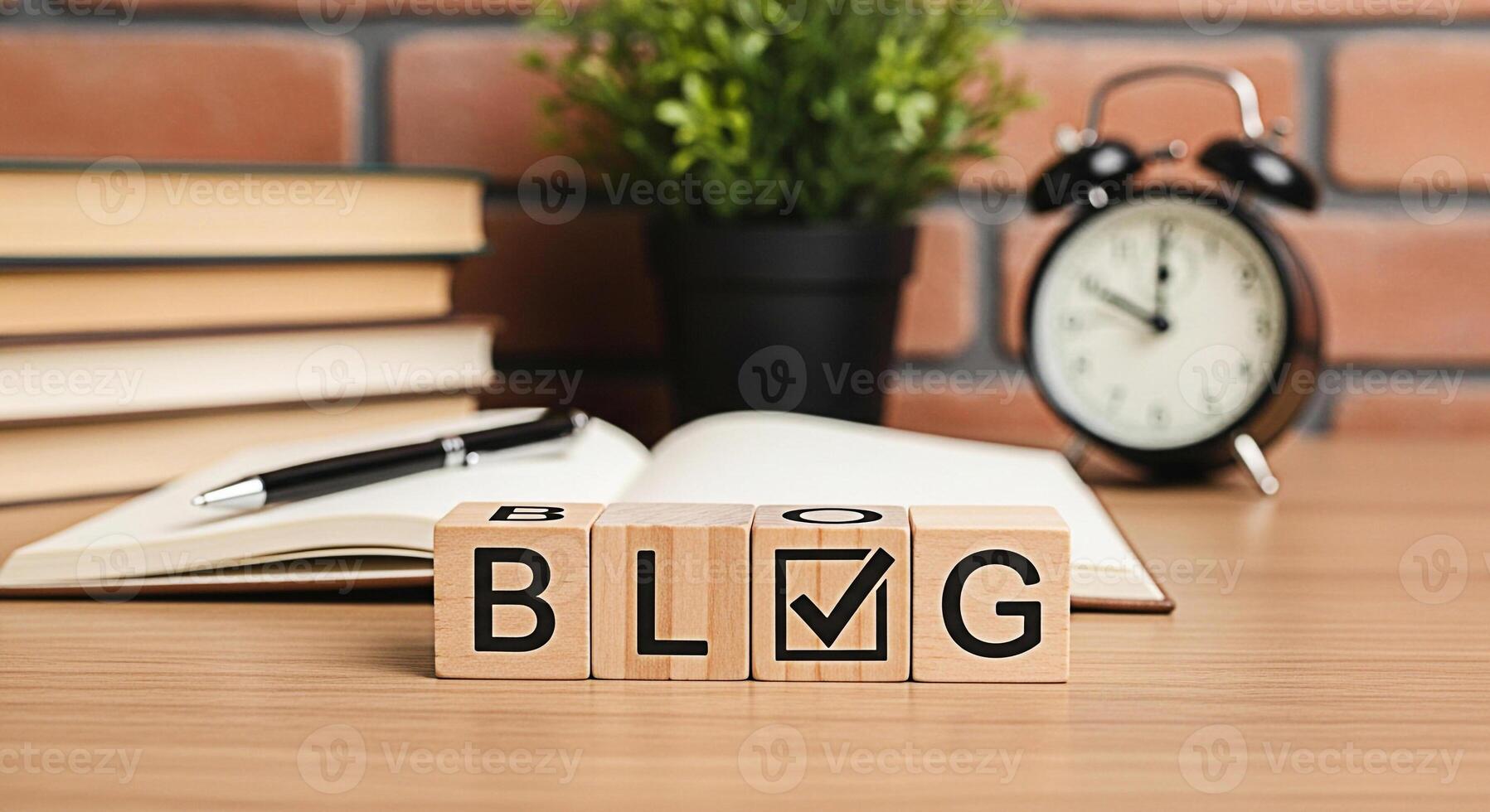 Wooden blocks spelling BLOG on a desk with books a pen a plant and an alarm clock in a cozy office setting symbolizing content creation online presence and the importance of timely and engaging blog p photo