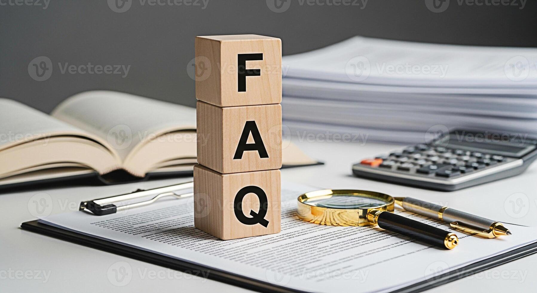 Wooden blocks displaying FAQ on a bright desk with an open book calculator and pen representing information assistance and answers to common questions in a professional setting photo