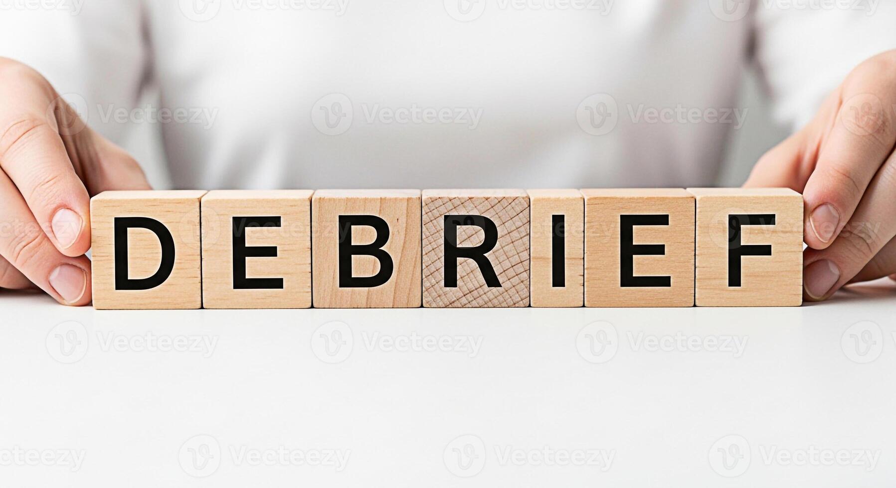 Hands arranging wooden blocks spelling DEBRIEF on a white surface symbolizing a postevent analysis and review process for learning and improvement in a clean professional environment photo