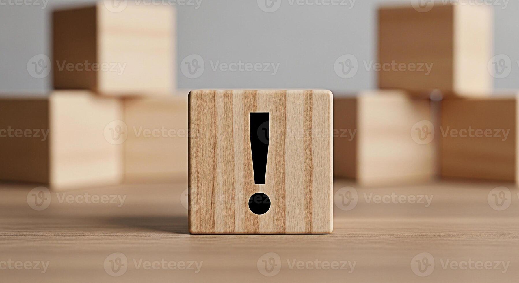 Wooden block displaying an exclamation mark on a wooden surface conveying a sense of urgency and importance in a minimalist and clean environment suitable for business or educational concepts photo