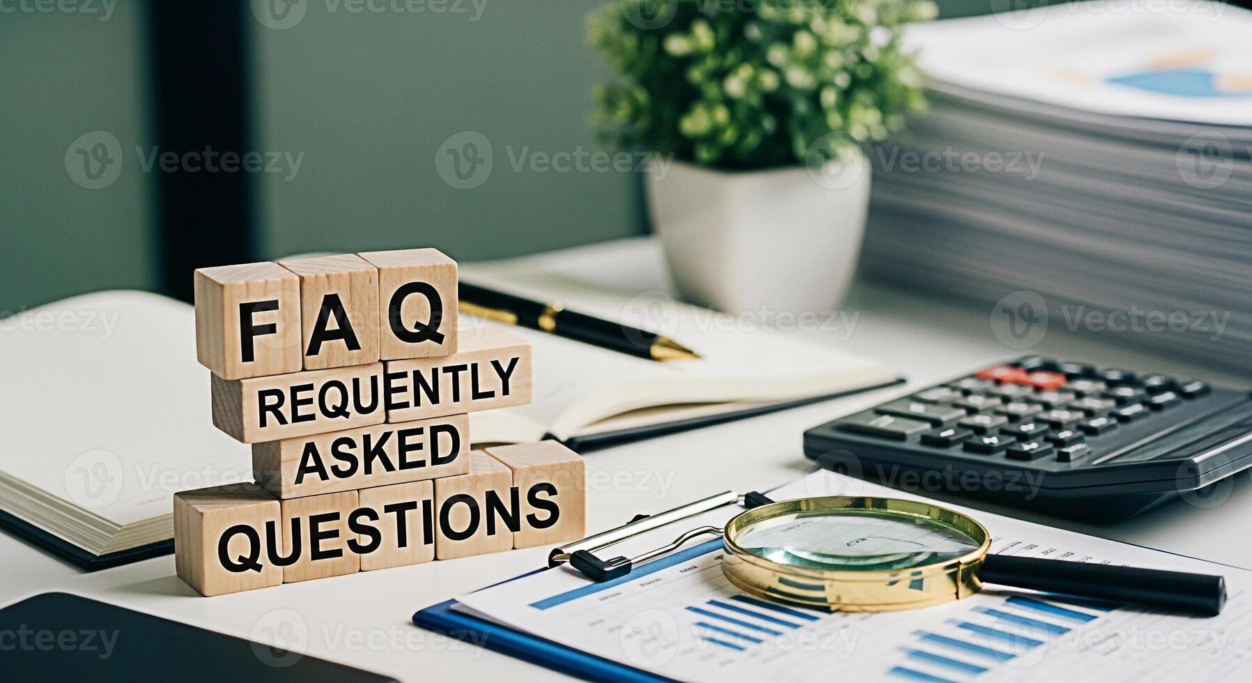Wooden blocks displaying FAQ Frequently Asked Questions on a bright office desk with financial charts calculator and magnifying glass symbolizing information access and problemsolving photo