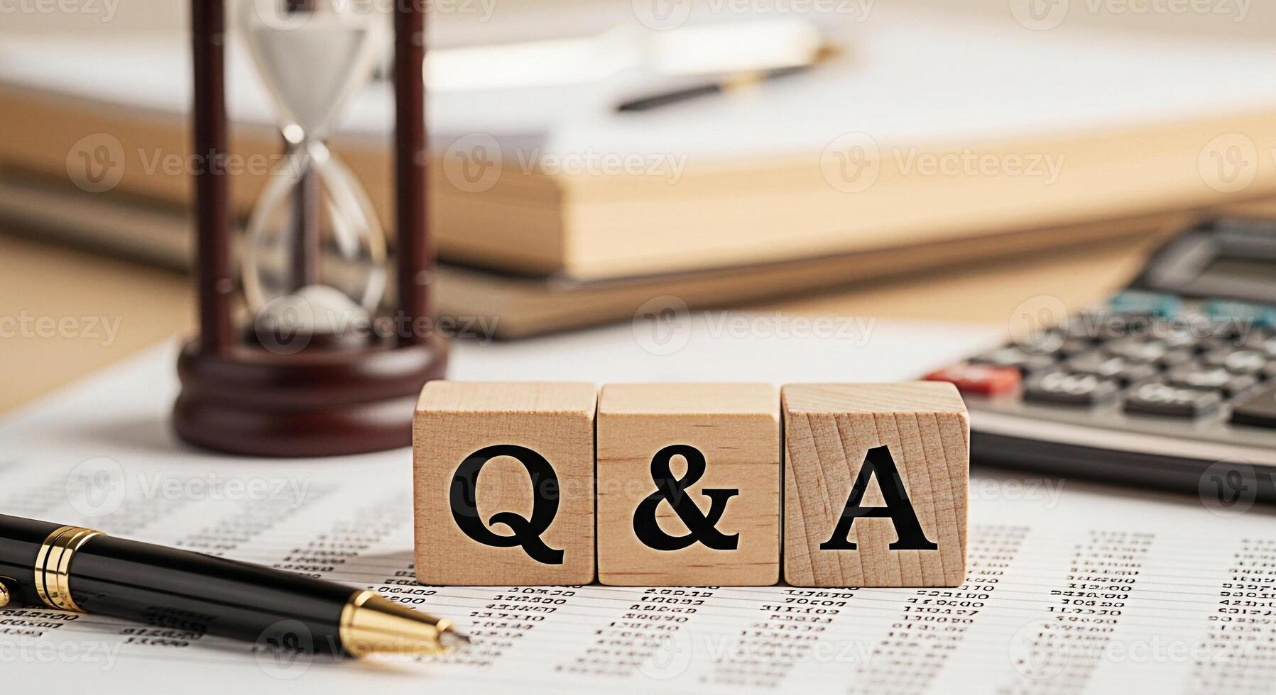 Wooden blocks spelling Q A on financial documents with a calculator pen and hourglass in the background representing business questions and answers in a professional setting conveying clarity and solu photo