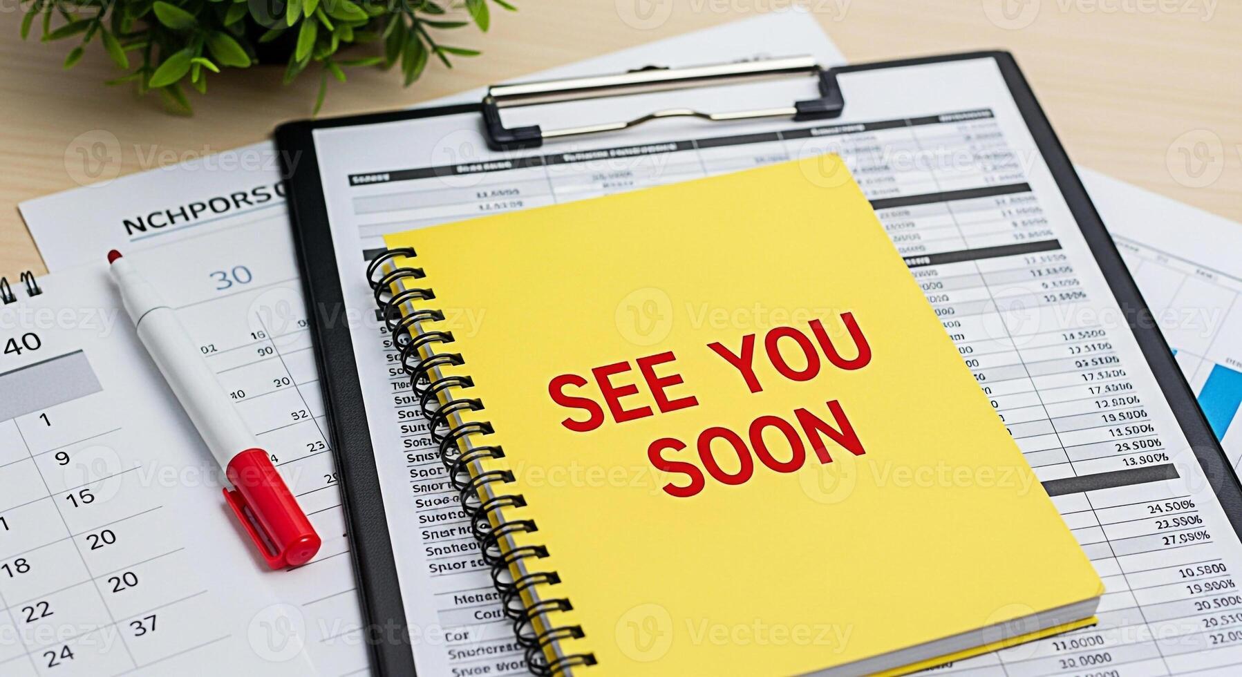 Bright yellow notebook displaying See You Soon message resting on financial documents and a calendar symbolizing anticipation and future planning in a business setting conveying a positive and optimis photo
