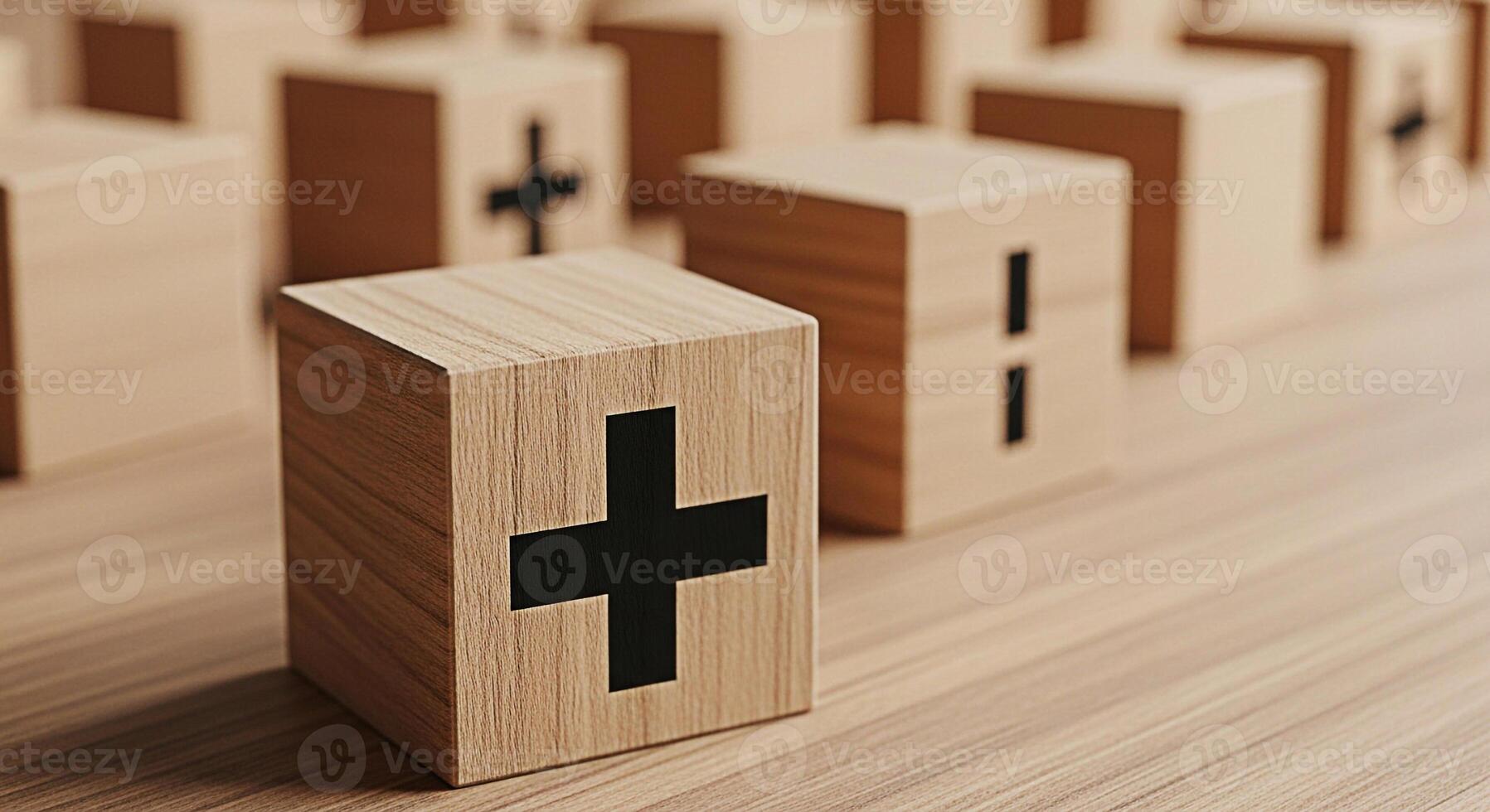 Wooden blocks displaying plus and minus signs on a wooden surface representing addition subtraction and mathematical concepts in a clean and minimalist setting conveying a sense of balance and precisi photo