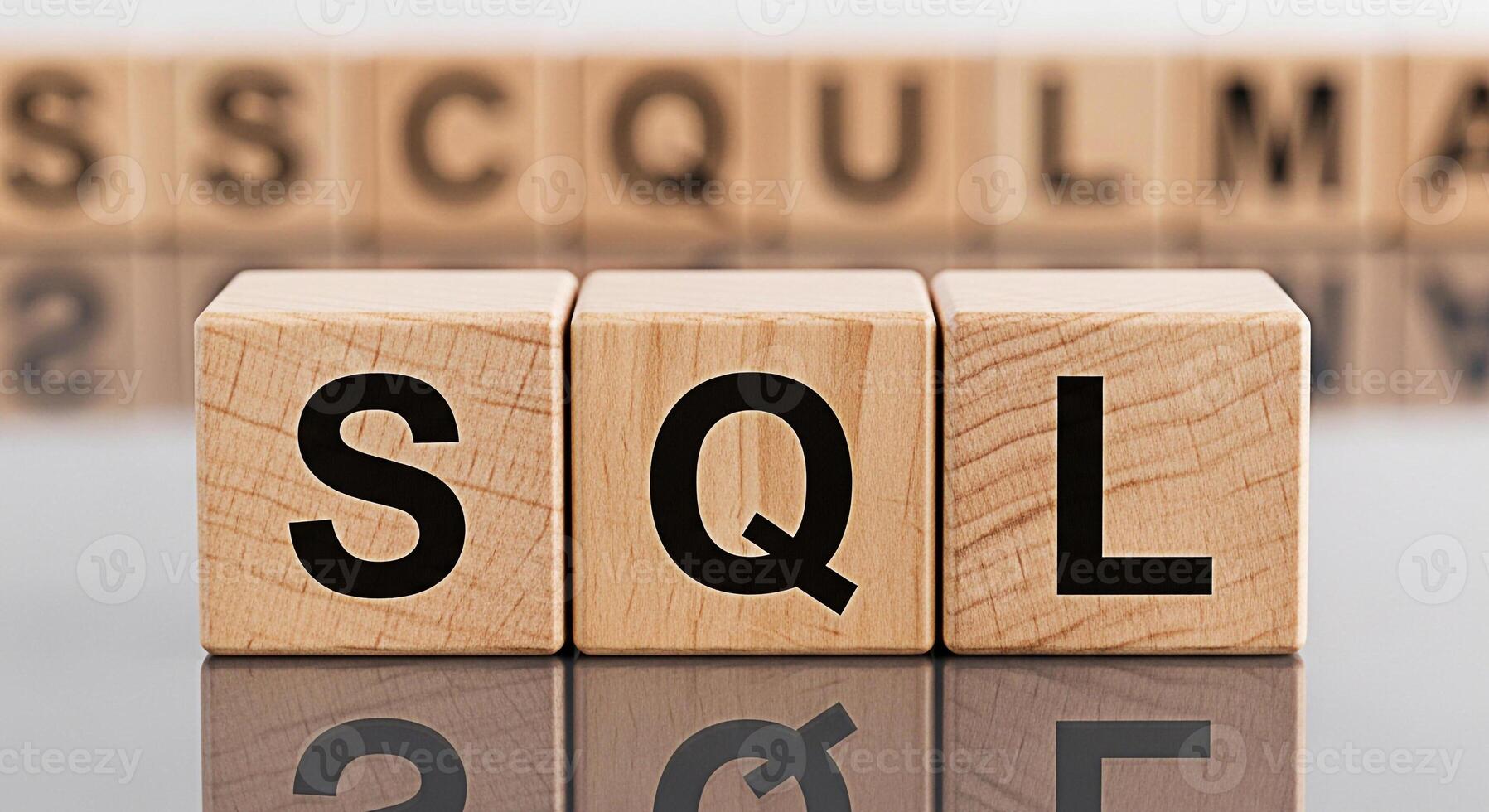 de madera bloques mostrando sql en un reflexivo estudio ambiente representando base de datos administración y datos preguntando conceptos para software desarrollo y información tecnología profesionales foto