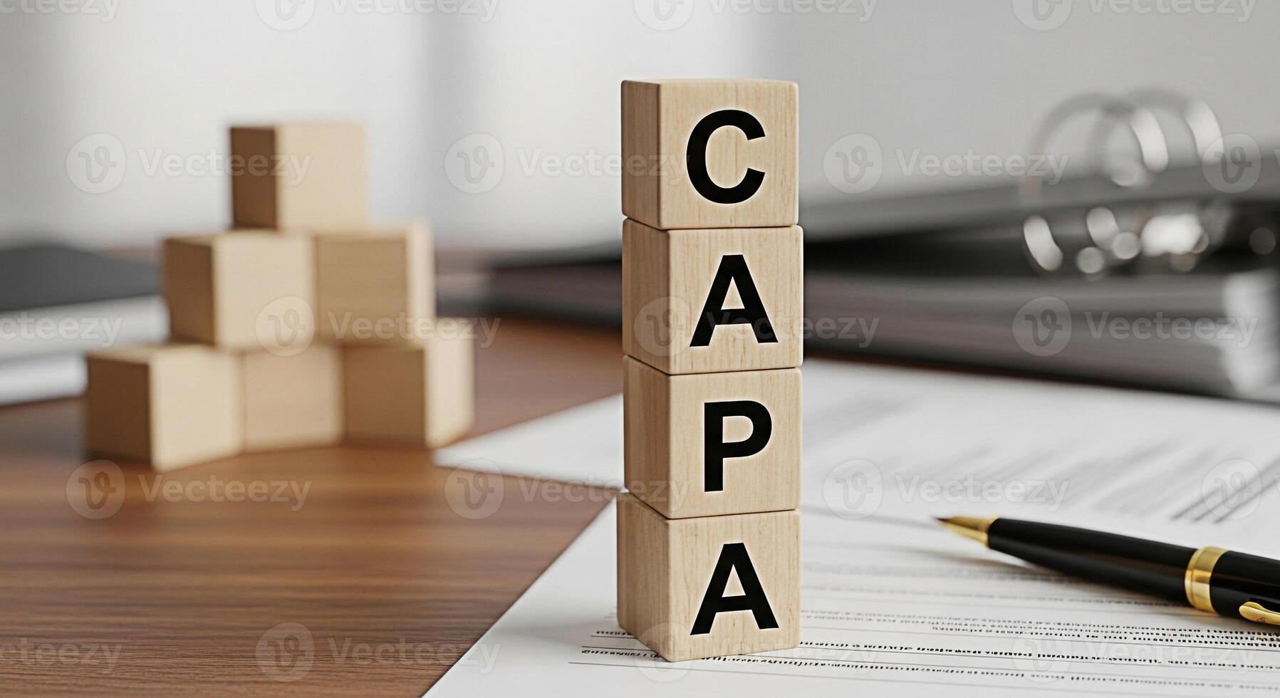 Wooden blocks spelling CAPA sitting on a desk with a pen and documents representing corrective and preventive action in a business setting symbolizing quality control and continuous improvement photo