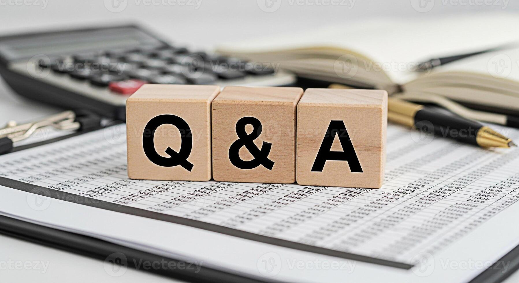 Wooden blocks displaying Q A on a financial report surrounded by a calculator pen and notebook symbolizing questions and answers in business finance and problemsolving photo