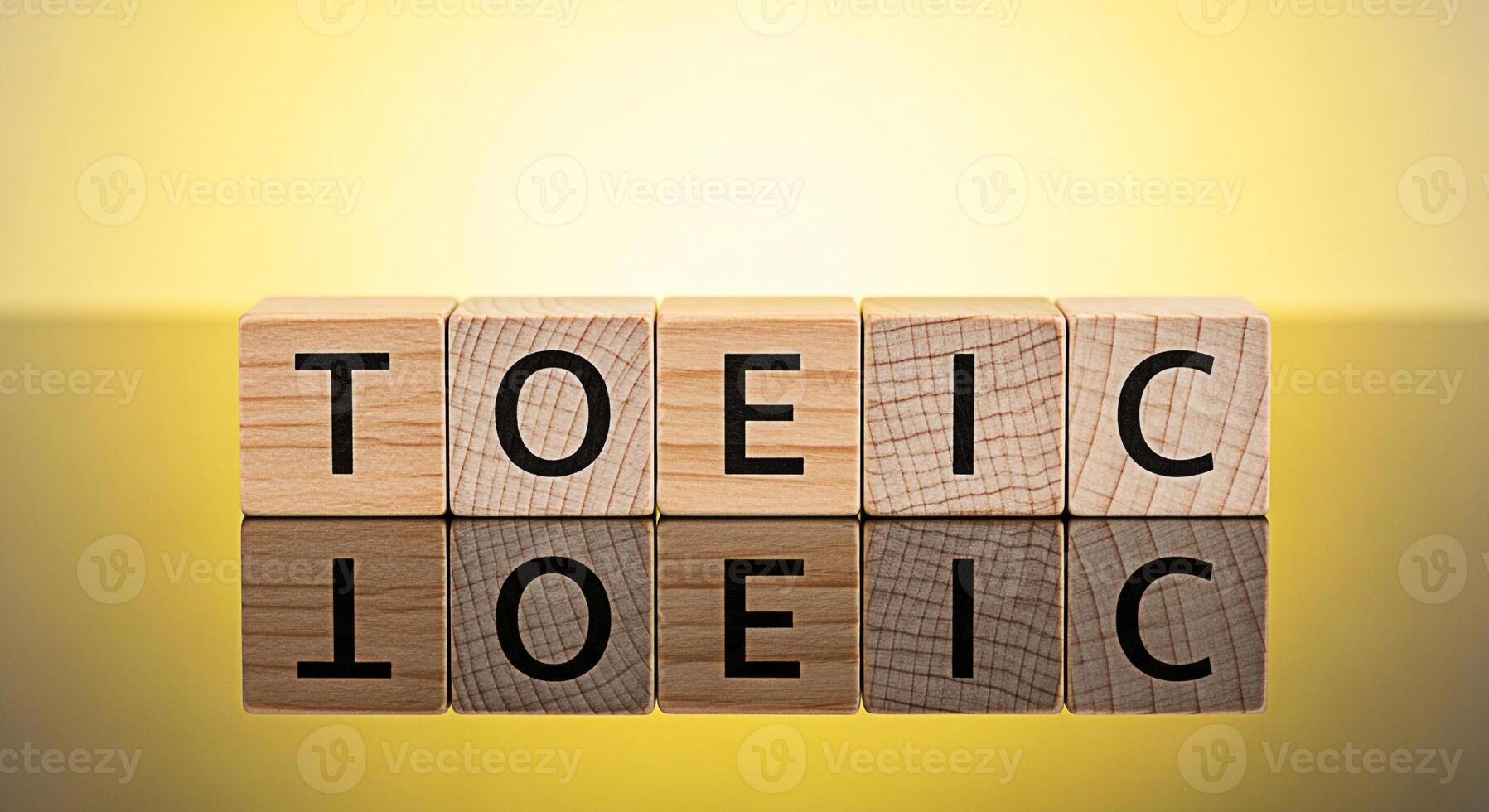 Wooden blocks spelling TOEIC on a reflective surface against a soft yellow background representing the concept of English language proficiency and educational assessment for global communication skill photo