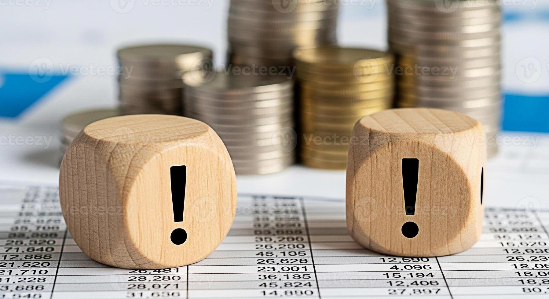 Wooden dice with exclamation marks resting on financial reports symbolizing risk assessment and critical decisionmaking in a business environment creating a sense of urgency and importance in financia photo