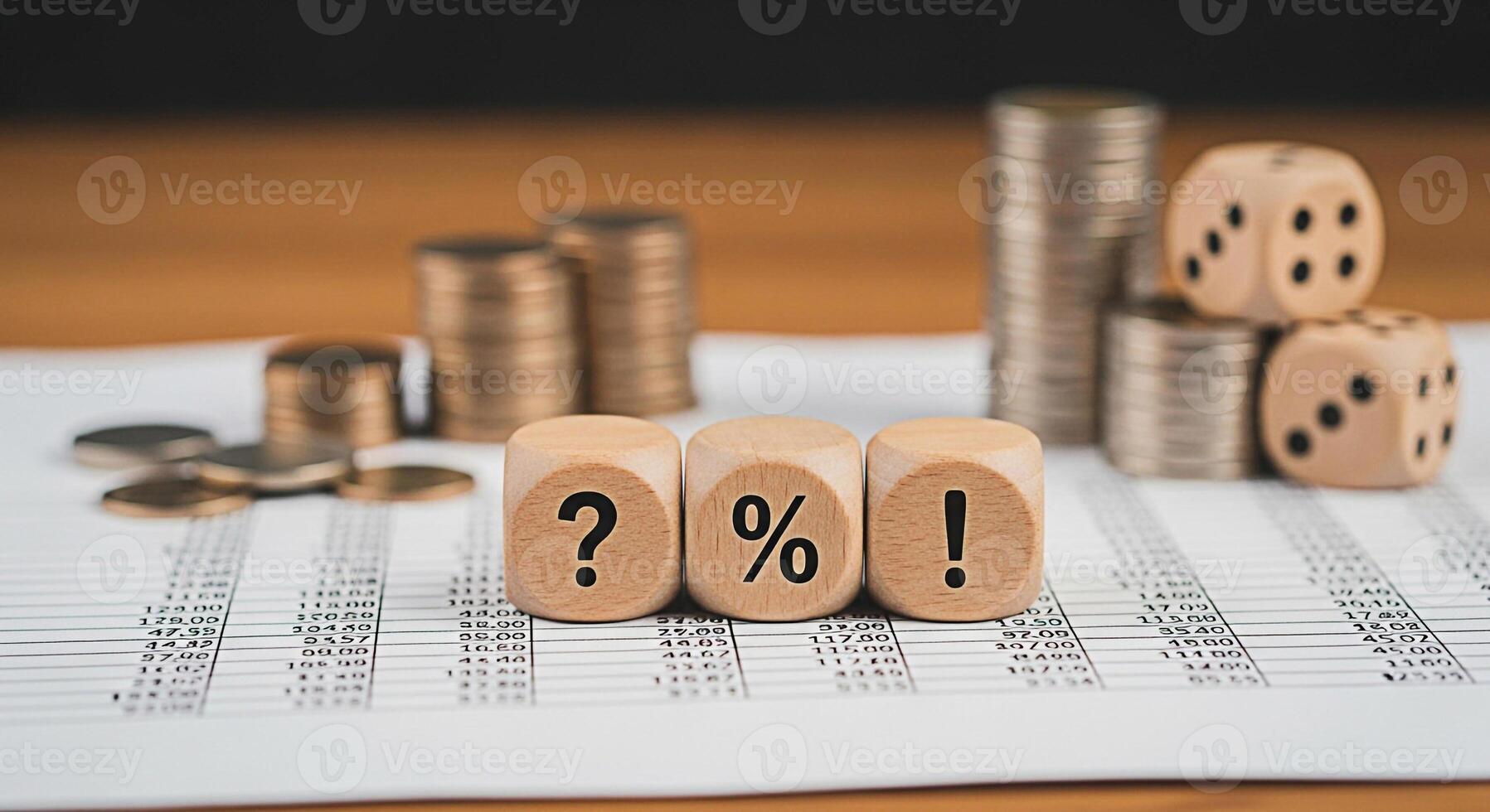 Wooden dice displaying question mark percentage and exclamation point on financial report symbolizing uncertainty and risk in investment decisions with coins and dice in the background on a wooden tab photo