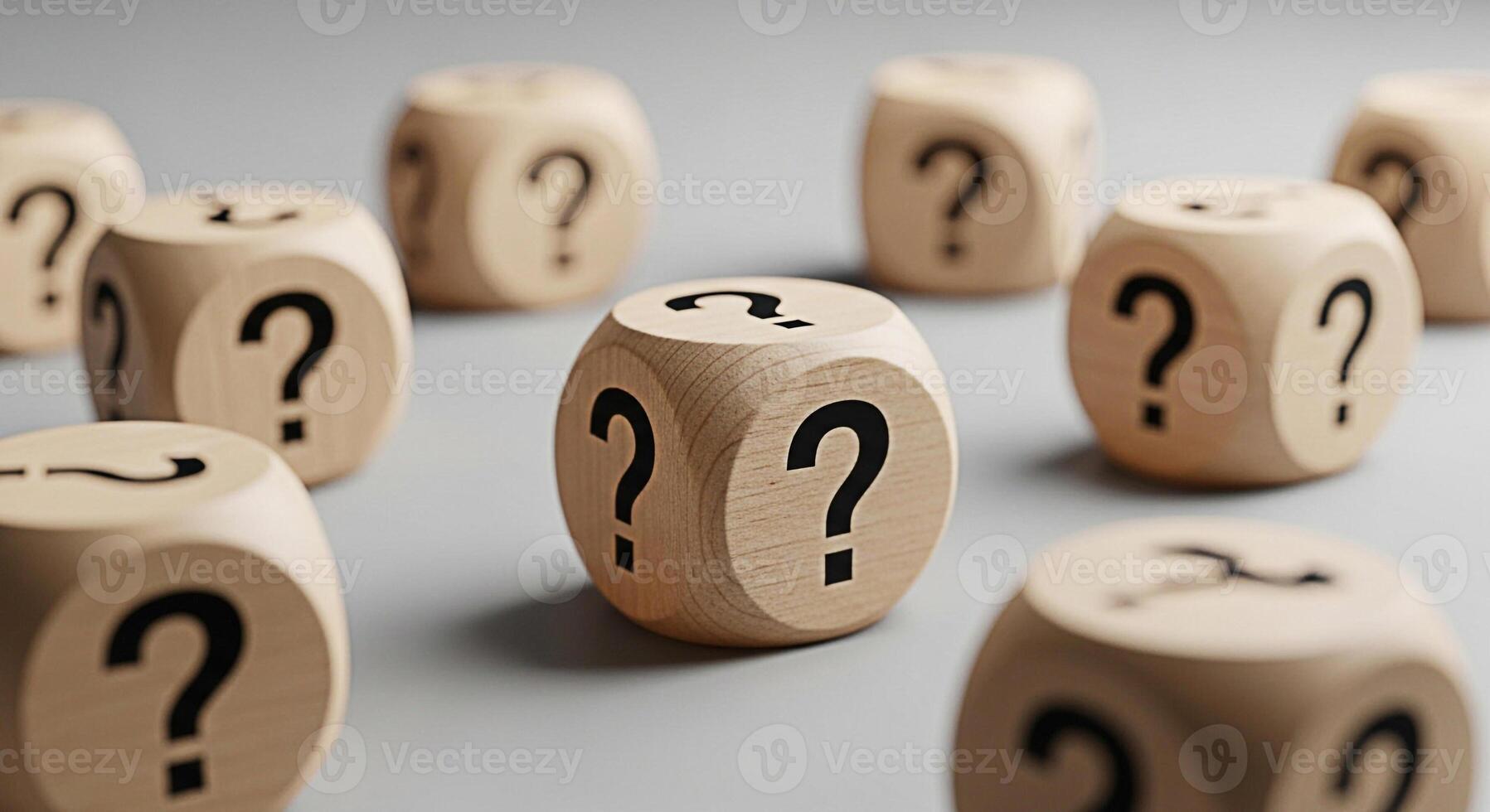 Wooden dice displaying question marks on a neutral surface representing uncertainty and the search for answers ideal for illustrating business strategy problemsolving and decisionmaking processes photo