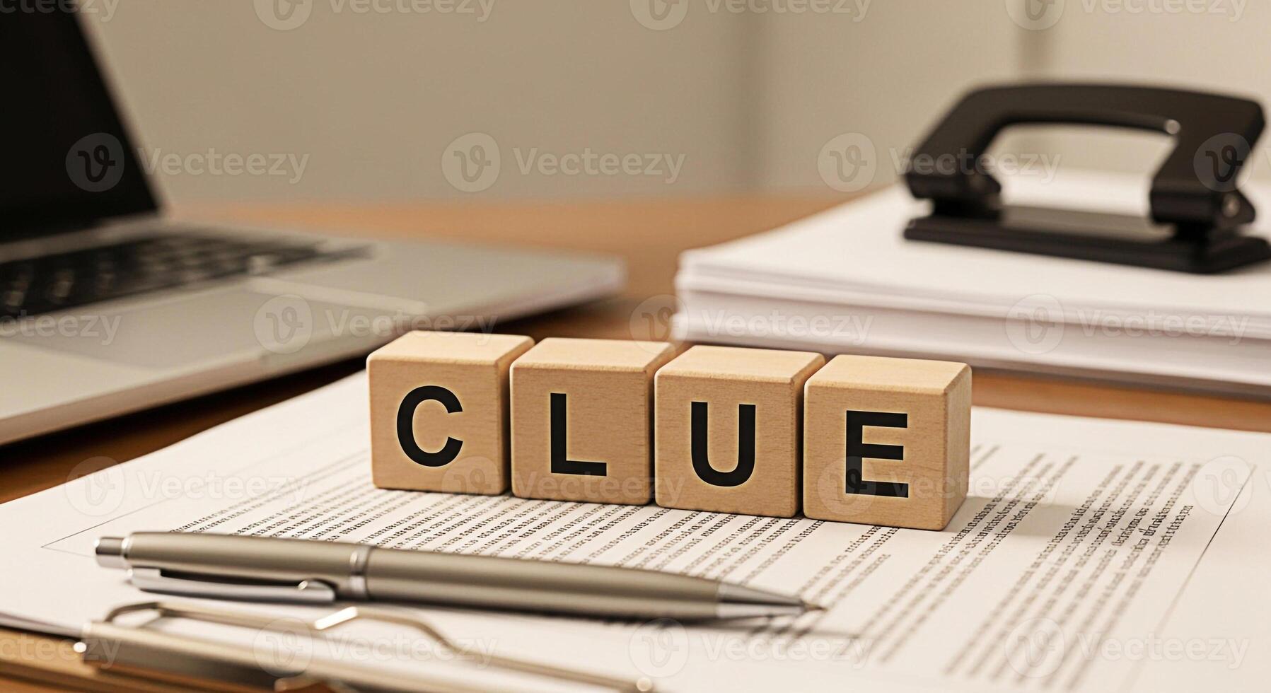 Wooden blocks spelling CLUE resting on a contract document in a bright office environment symbolizing investigation problemsolving and the search for answers in a business context photo