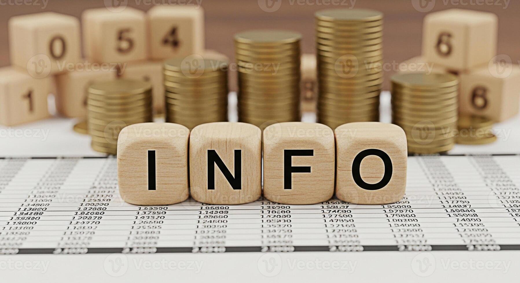 Wooden blocks spelling INFO above financial data sheets with stacks of coins and number blocks in the background conveying financial information and data analysis in a business setting photo