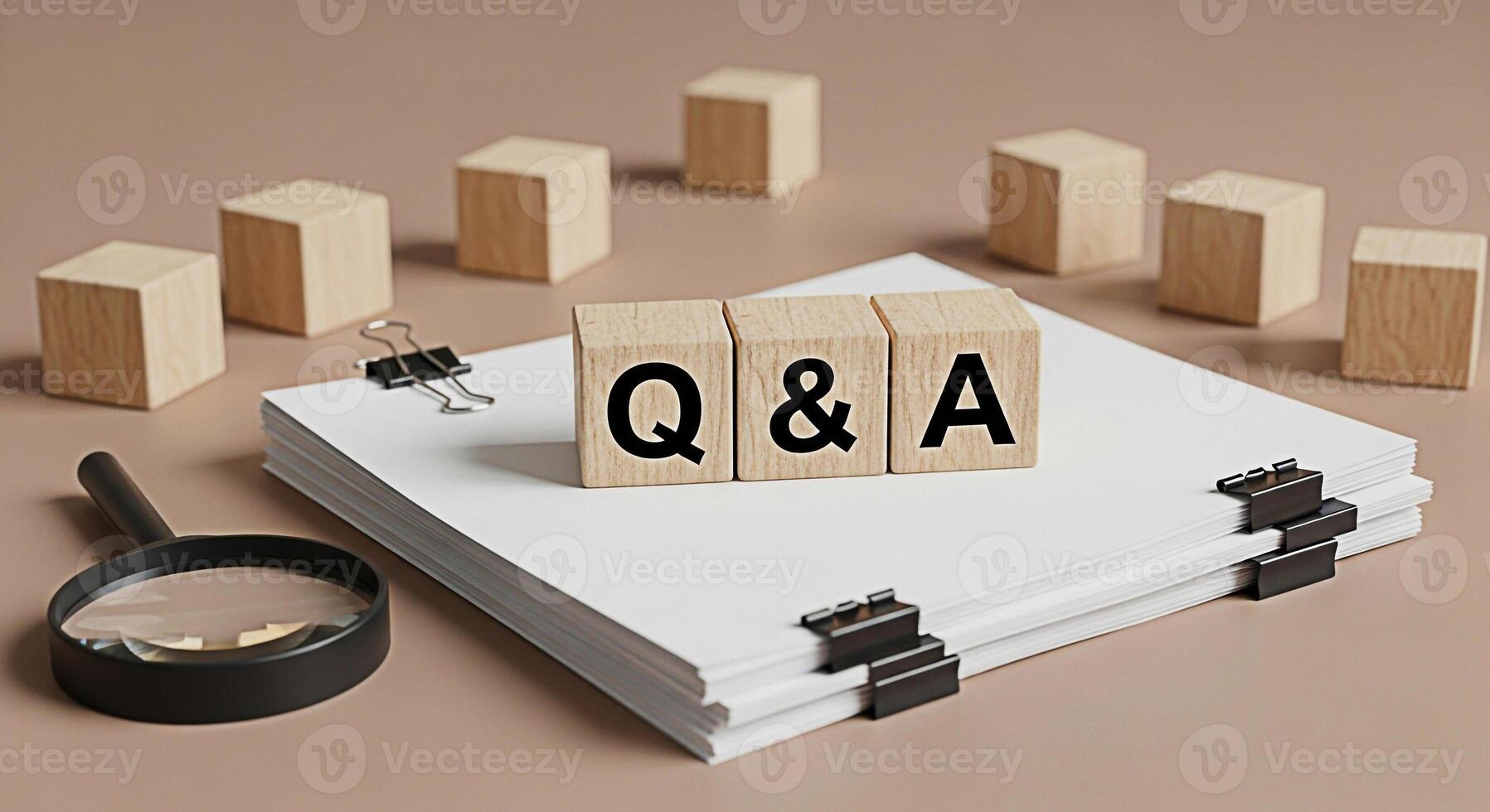 de madera bloques mostrando qa en un apilar de blanco documentos en un neutral ajuste representando información resolver problemas y el buscar para respuestas con un aumentador vaso cerca creando un sentido de Claridad foto