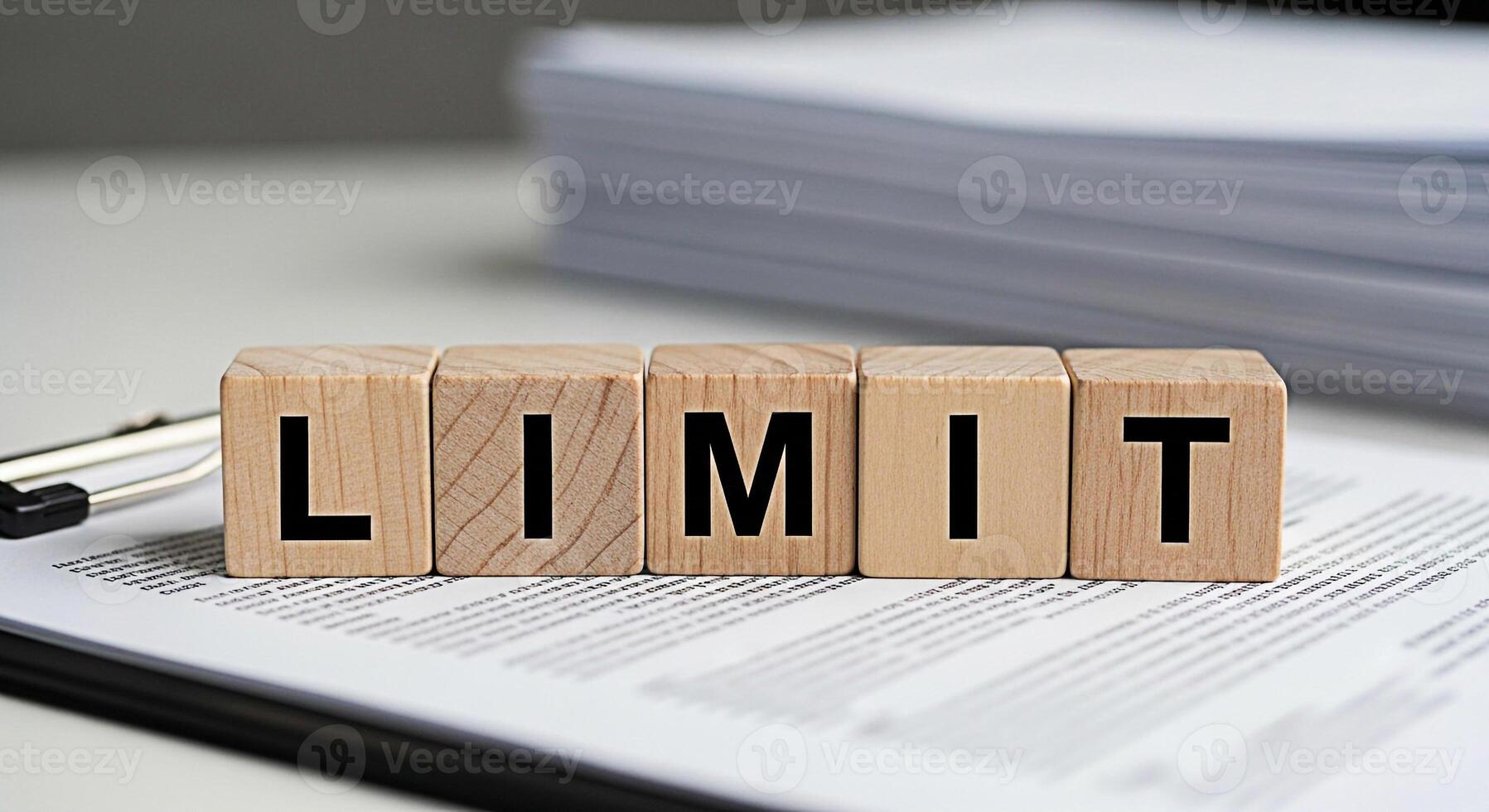 Wooden blocks spelling LIMIT resting on a document on a bright desk representing boundaries and restrictions in business and personal life promoting a sense of control and awareness photo
