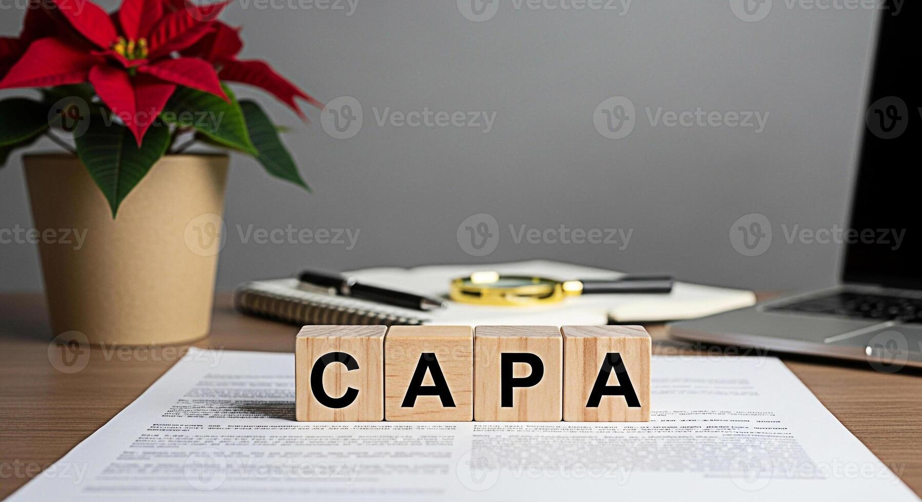 Wooden blocks spelling CAPA on a desk with documents laptop and poinsettia representing corrective action and preventative action in a business setting promoting quality control and compliance photo