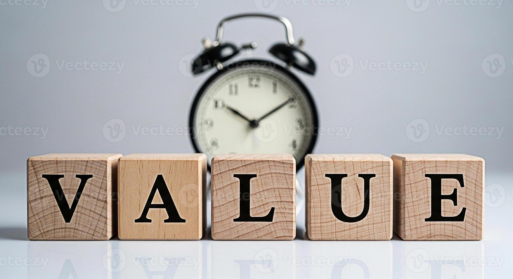 Wooden blocks spelling Value sitting on a reflective surface with a blurred alarm clock in the background representing time value and the importance of prioritizing values in a timely manner photo