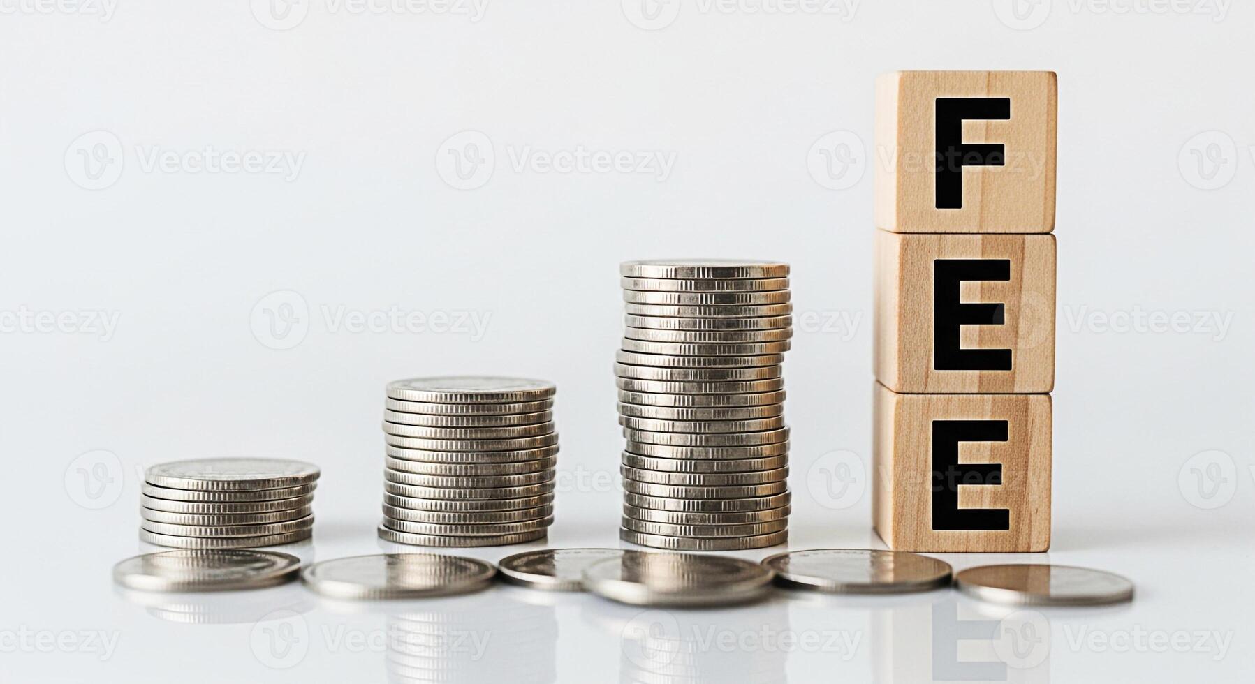 Rising stacks of coins and wooden blocks spelling FEE on a white surface symbolizing increasing costs and financial growth in a clean minimalist setting representing investment and financial planning photo
