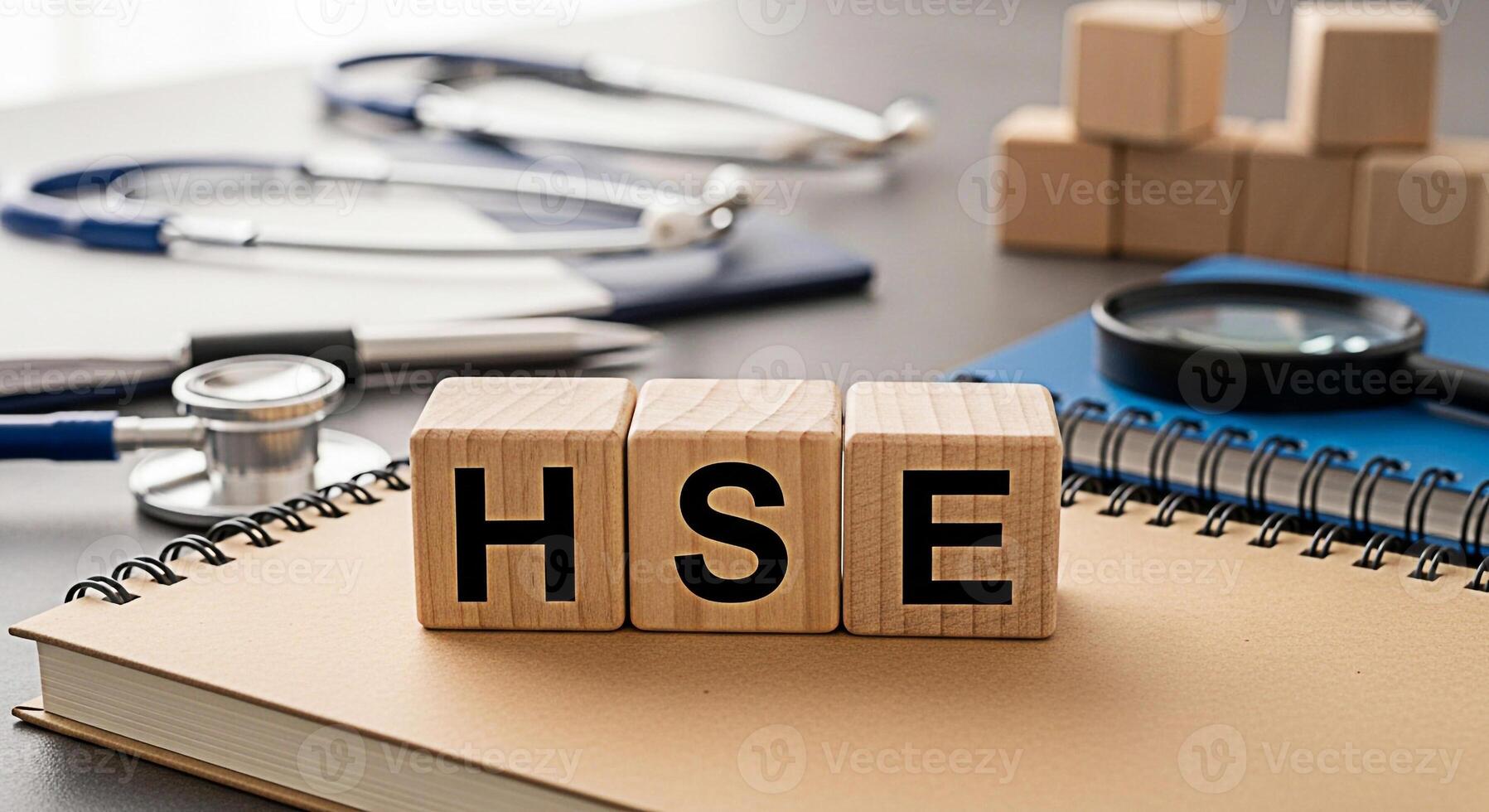 Wooden blocks spelling HSE on a notebook in a medical office representing Health Safety Environment compliance and a focus on workplace safety and regulatory standards creating a secure environment photo