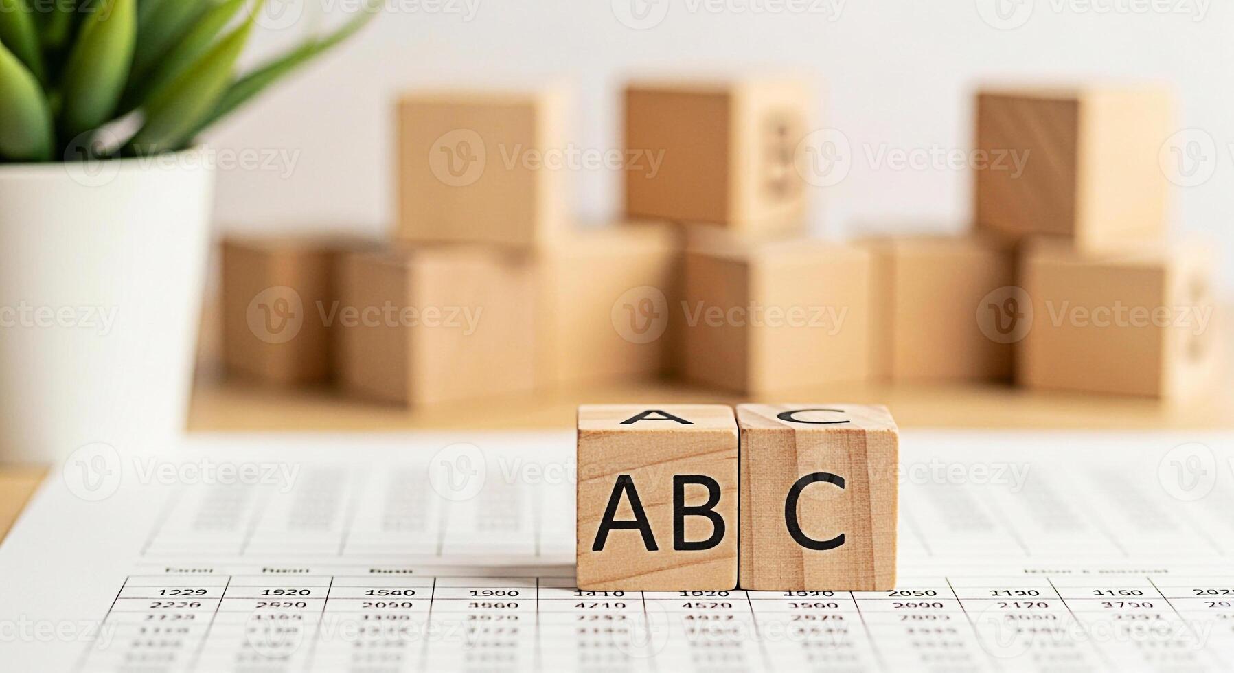 Wooden ABC blocks sitting on a financial spreadsheet in a bright office setting symbolizing business basics and educational concepts for learning and development creating a positive and professional m photo