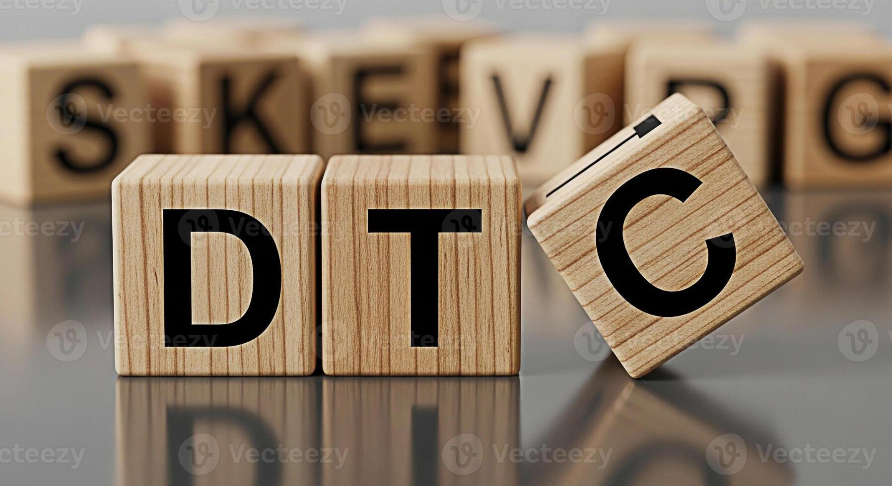 Wooden blocks spelling DTC on a reflective surface representing a directtoconsumer business model and strategy in a modern and minimalist setting conveying a sense of innovation and market disruption photo
