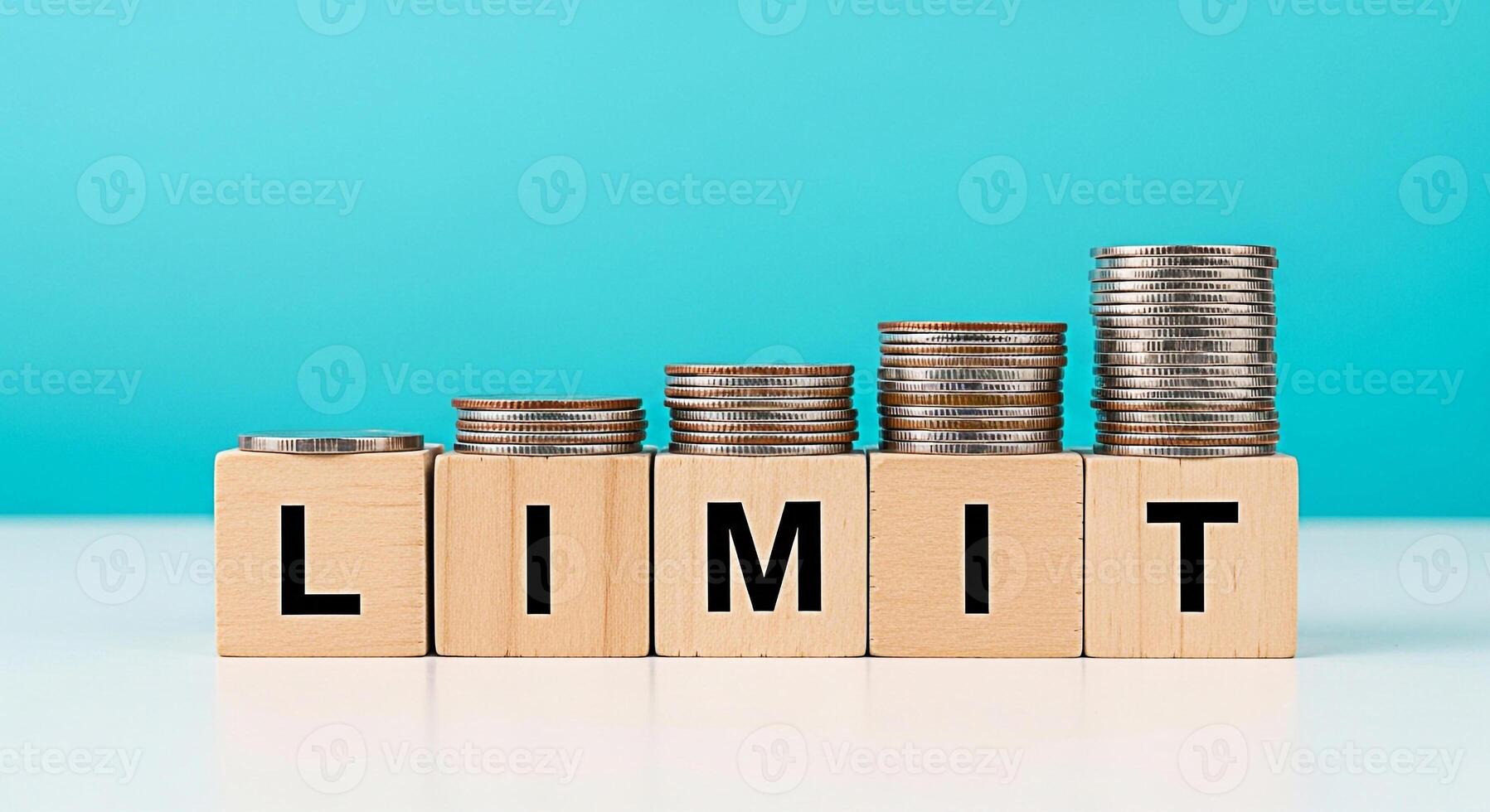 Stacks of coins rising on wooden blocks spelling LIMIT against a teal background representing financial limits growth limits or setting boundaries for success and achievement photo