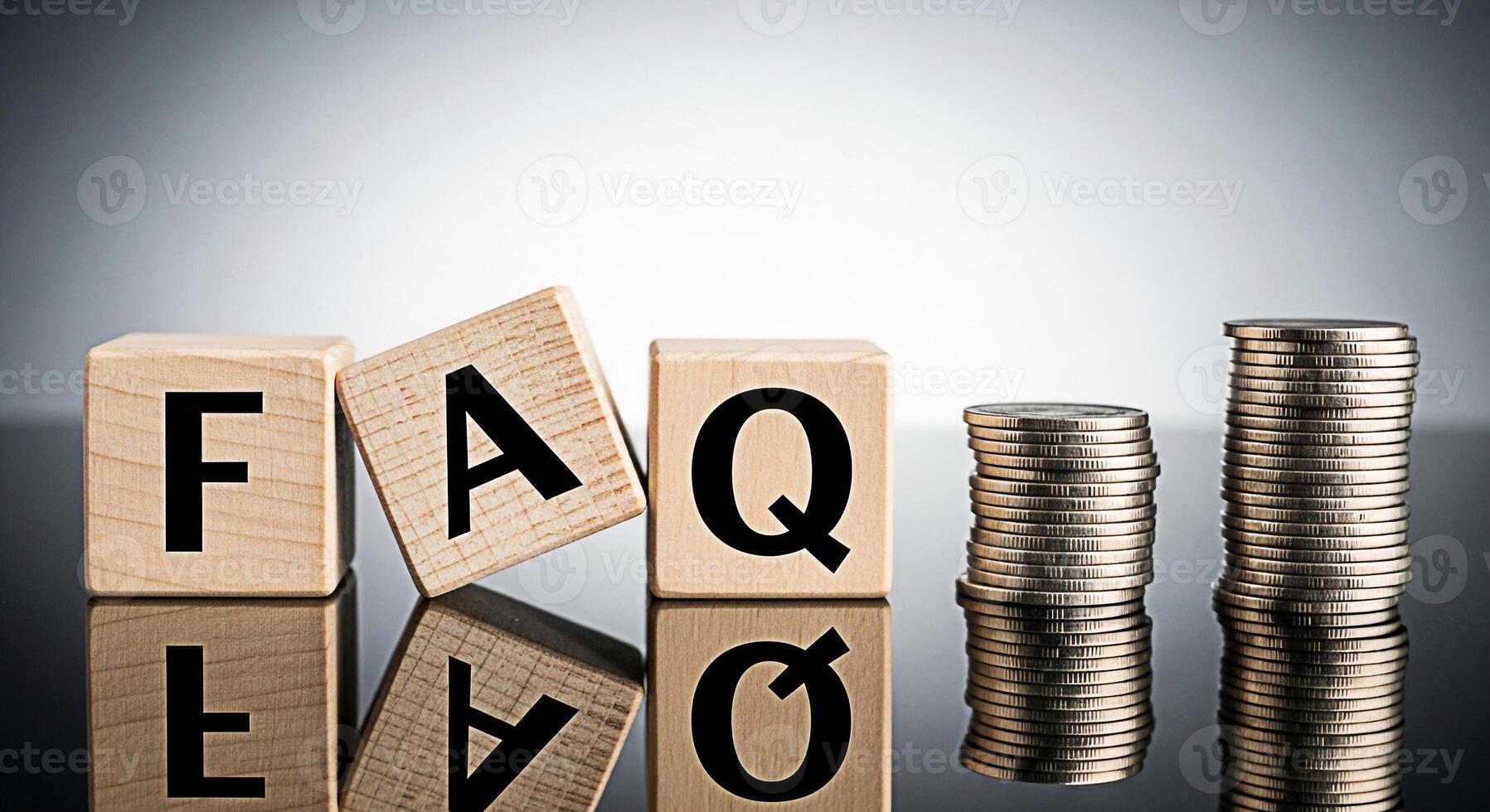 Wooden blocks spelling FAQ with stacked coins on a reflective surface representing financial questions and answers suggesting clarity and informed decisions in a business and investment context photo