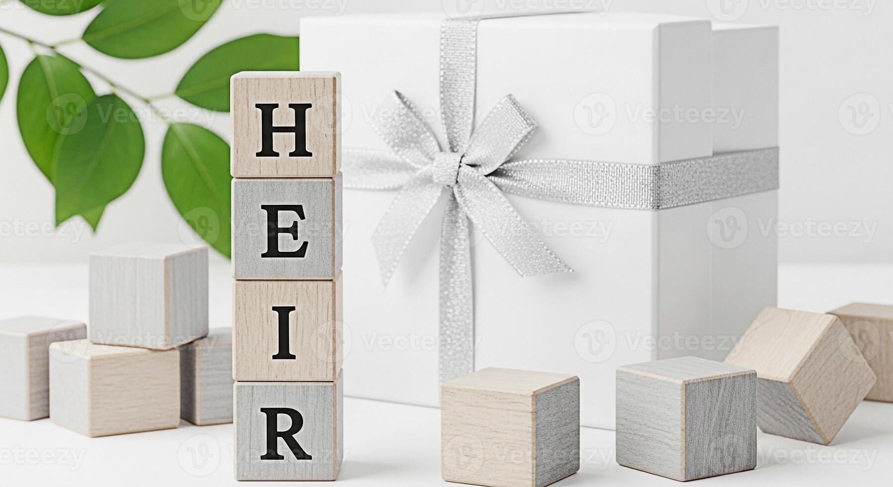 Wooden blocks spelling HEIR stacked near a wrapped gift box in a bright studio setting symbolizing inheritance legacy and the passing down of wealth and family values creating a sense of anticipation photo