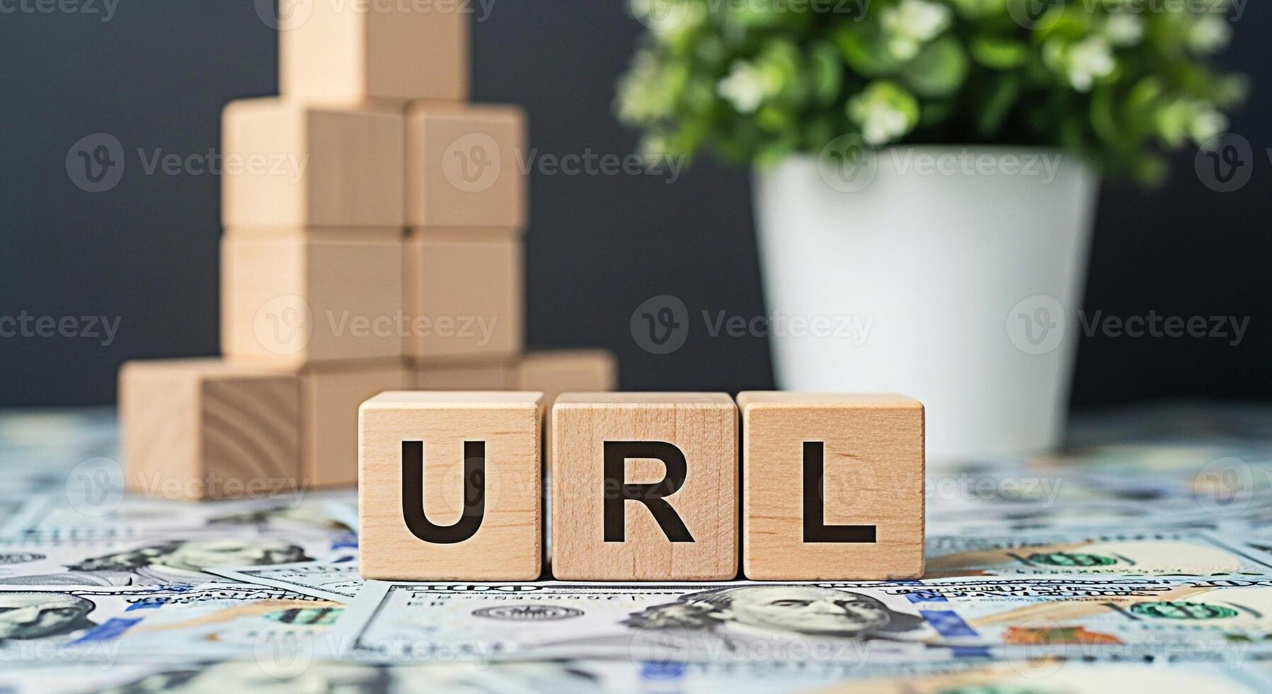 Wooden blocks spelling URL on a bed of US currency in a modern office setting symbolizing online business success and financial growth with a focus on website addresses and digital marketing strategie photo