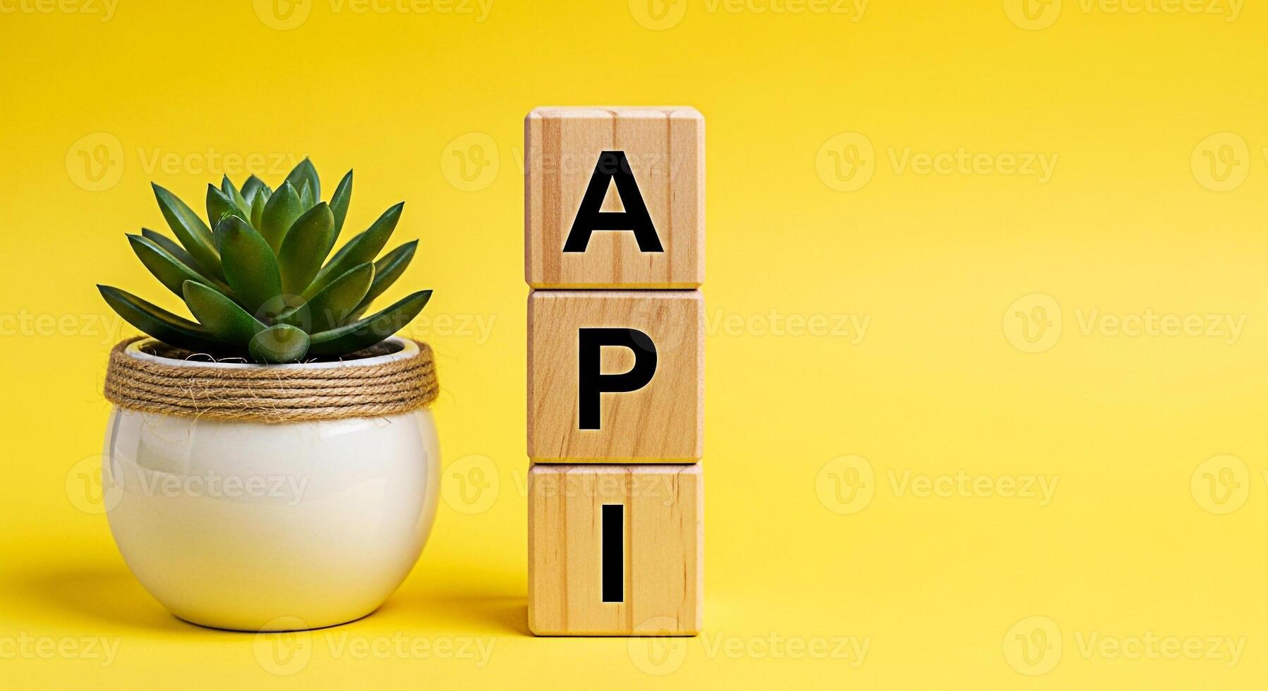Wooden blocks displaying API next to a succulent plant on a vibrant yellow background symbolizing application programming interface development and a modern minimalist and ecofriendly workspace concep photo