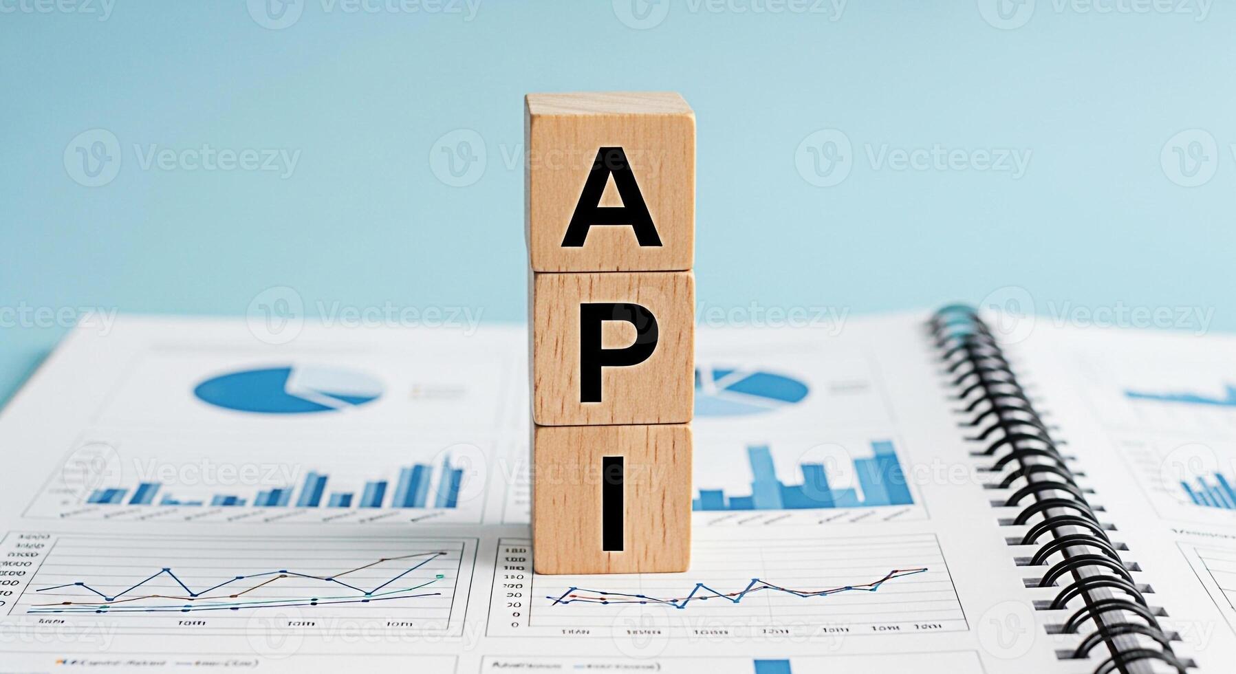 Wooden blocks spelling API on top of a financial report in a bright studio setting symbolizing application programming interface and data analysis for business growth and technological advancement photo