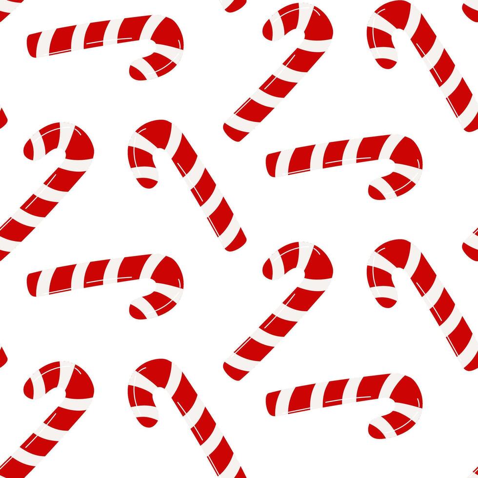 A pattern of red and white striped candy canes. Caramel candies are scattered randomly. A repeating texture for Christmas backgrounds, wrapping paper, and textile prints. vector
