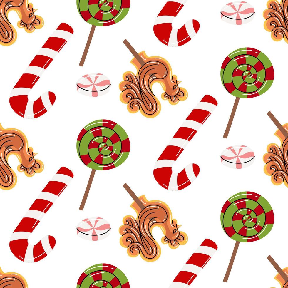 Seamless color pattern with Christmas sweets. Lollipop spiral, lollipop cane, lollipop round, lollipop in shape of rooster. Flat color texture. Holiday background for wrapping paper, textile printing vector