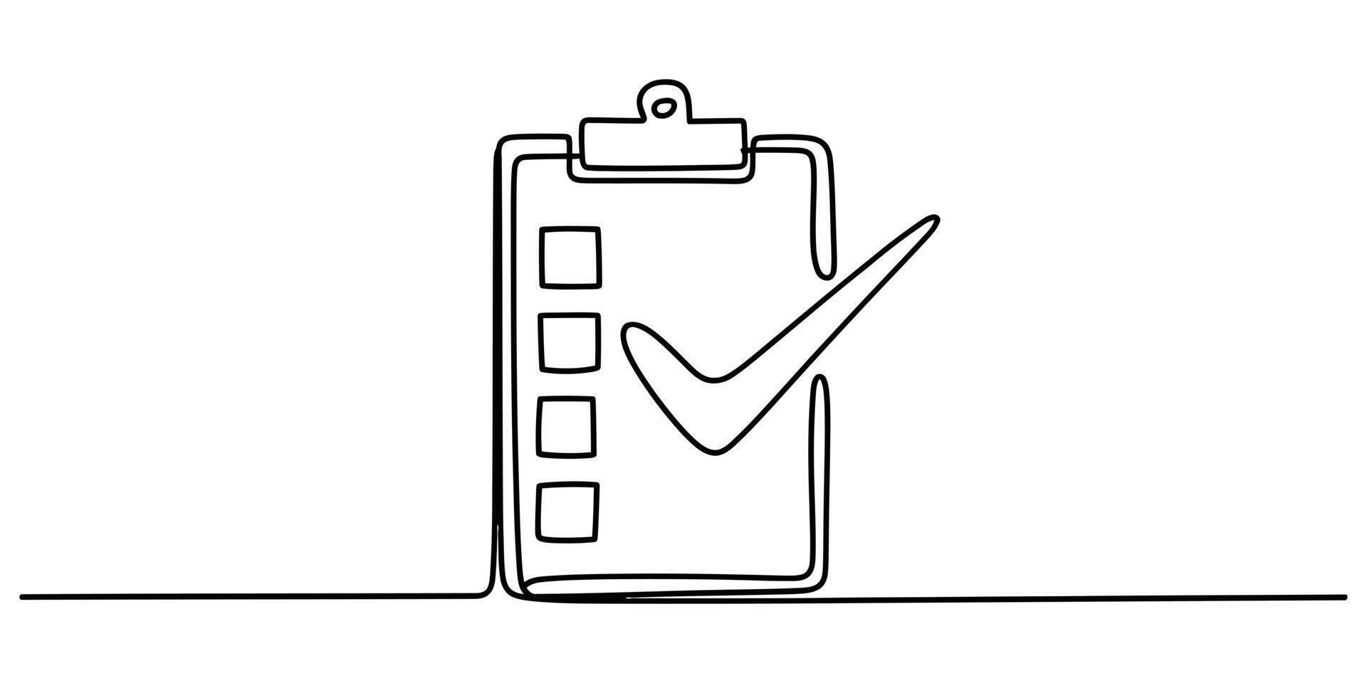 Continuous line art of clipboard checklist with checkmark approval vector