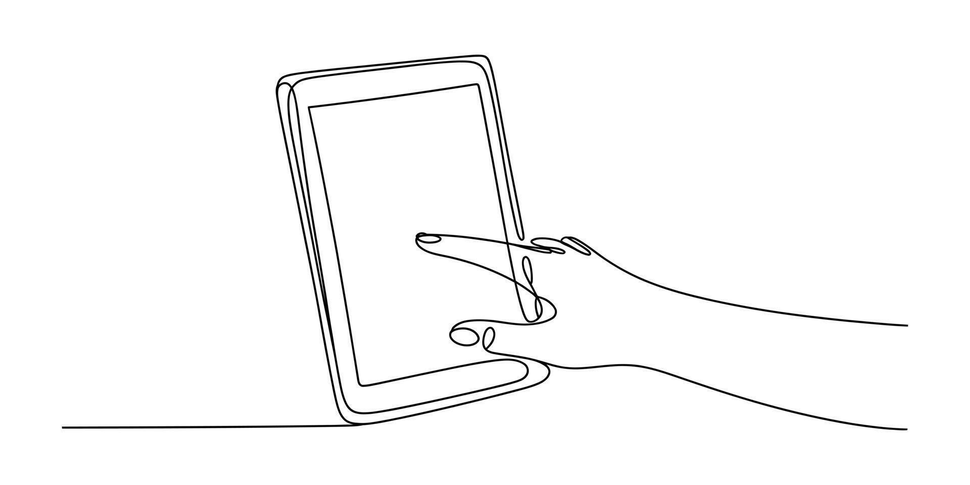 Continuous line drawing of a hand touching a digital tablet screen vector