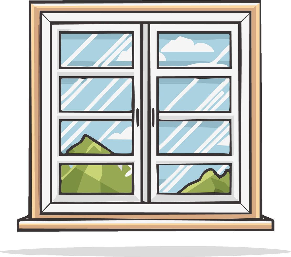 An open window with mountains and clouds vector