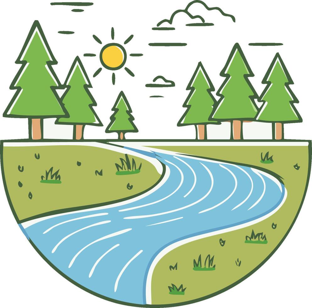 A river running through a forest with trees and grass vector