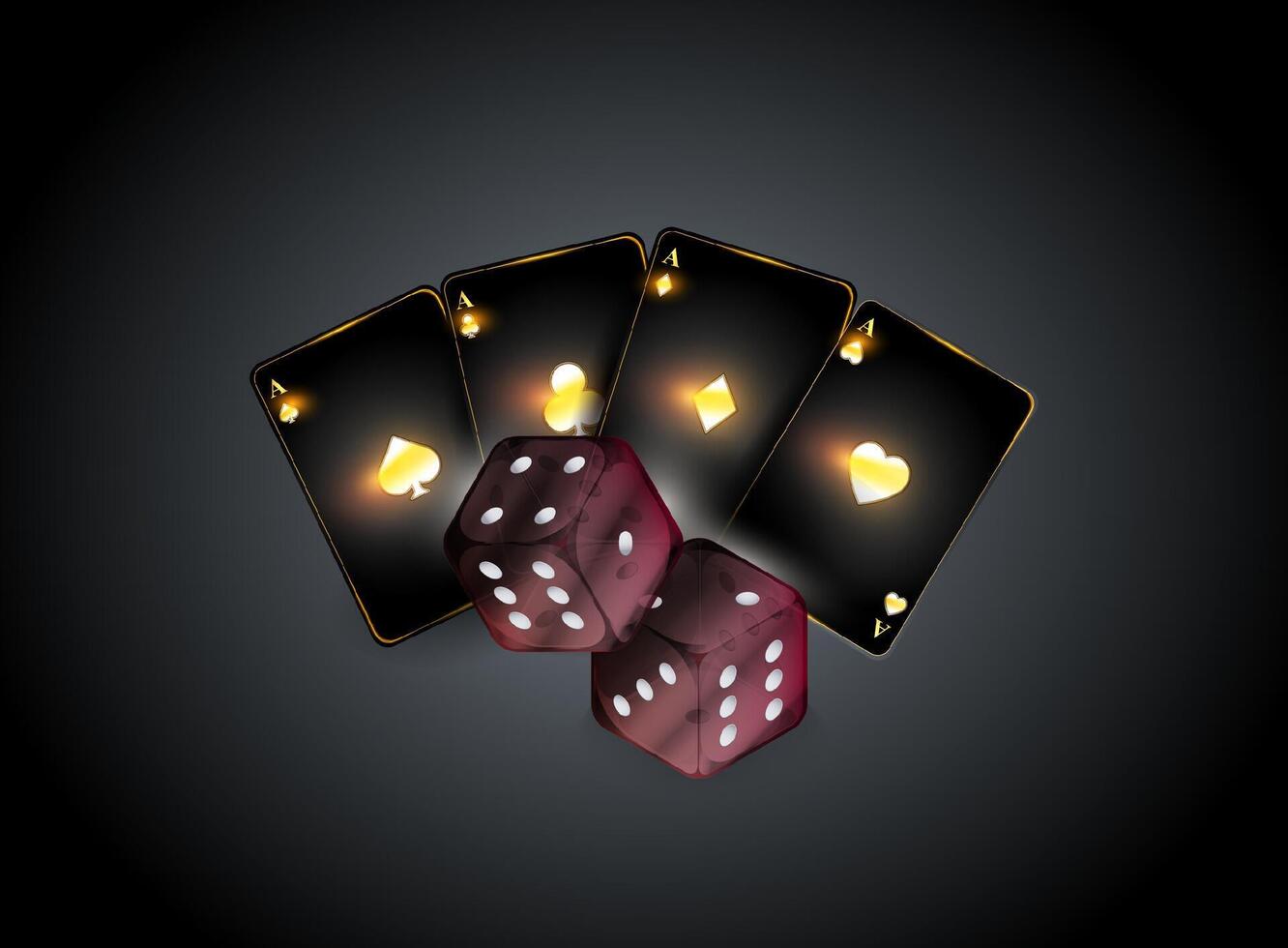 Two white red dice rest in front of a fan of four playing cards vector