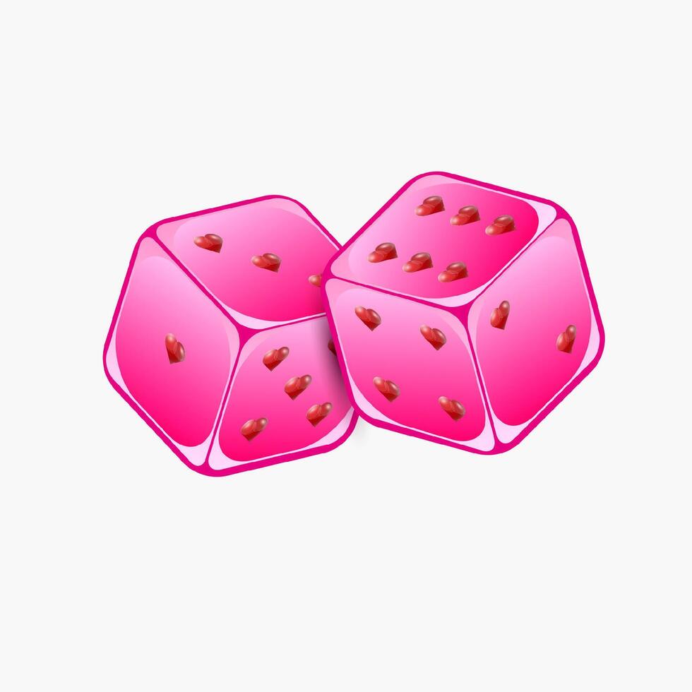 Two pink dice with rounded edges, featuring red heart shaped pips instead vector