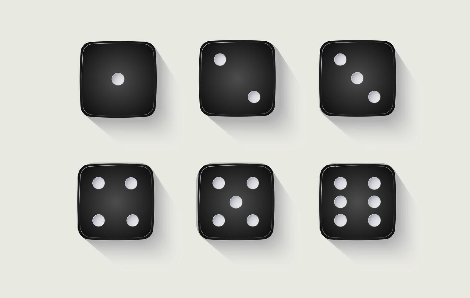 Six black dice are arranged in two rows, each displaying different numbers of white pips from one to six vector
