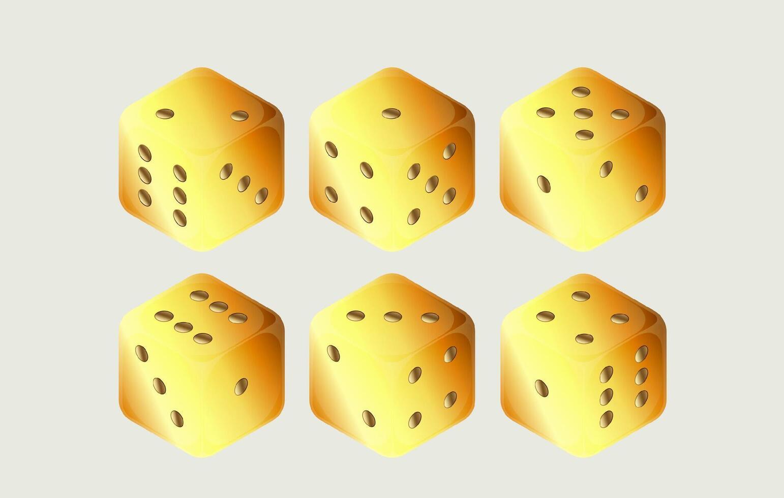 Six golden dice are arranged in two rows of three on a white background vector