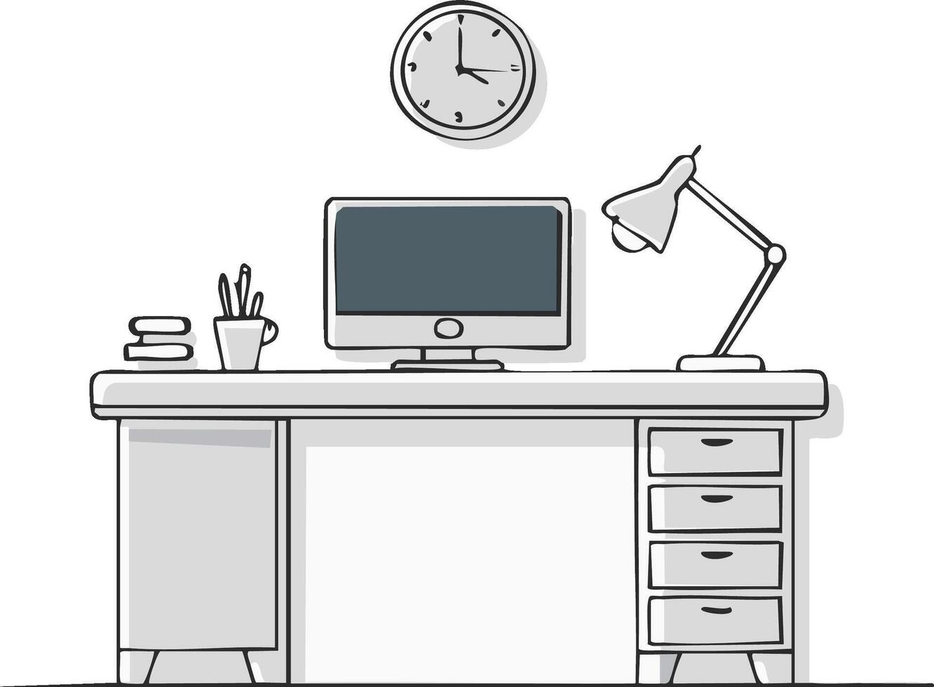 Computer desk with lamp and clock illustration vector