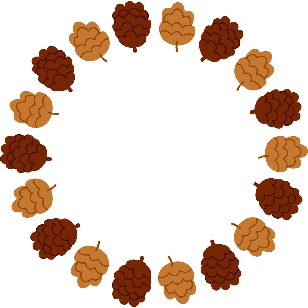 Autumn Pinecone Circular Wreath Frame Border. Natural pine cone element, isolated vector