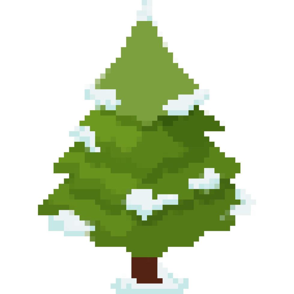 Christmas Pixel Art Pine Tree Snow icon. Retro computer 8-bit game winter holiday design element vector