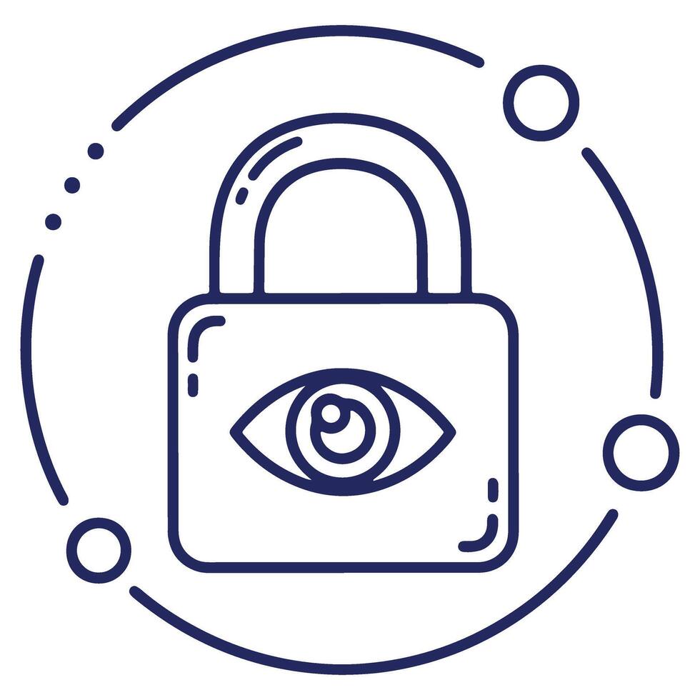 Privacy and Security Concept Represented by Padlock and Eye Symbol in Modern Line Art Design with Orbiting Circles vector
